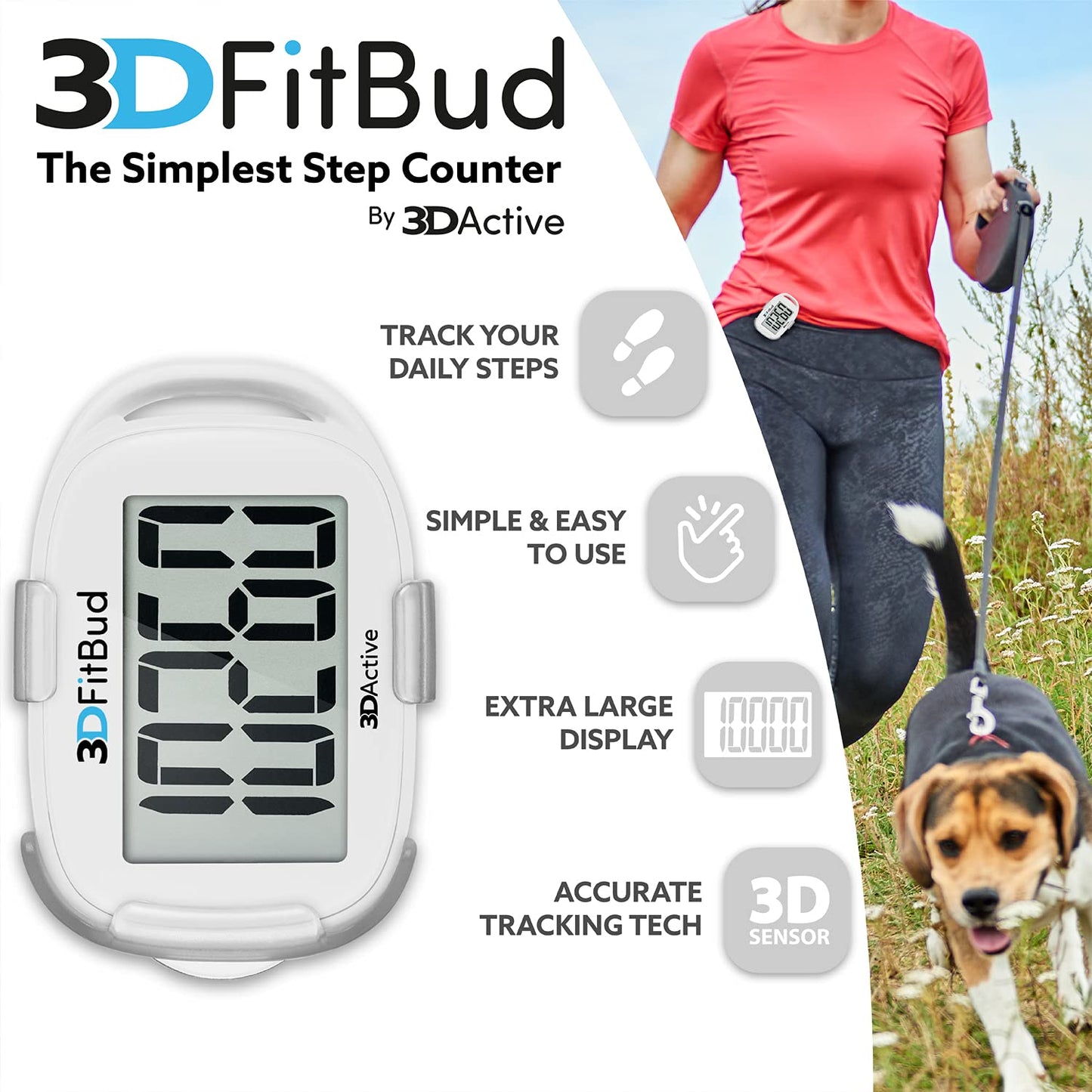 3DFitBud Simple Step Counter Walking 3D Pedometer with Clip & Lanyard - A420S - White