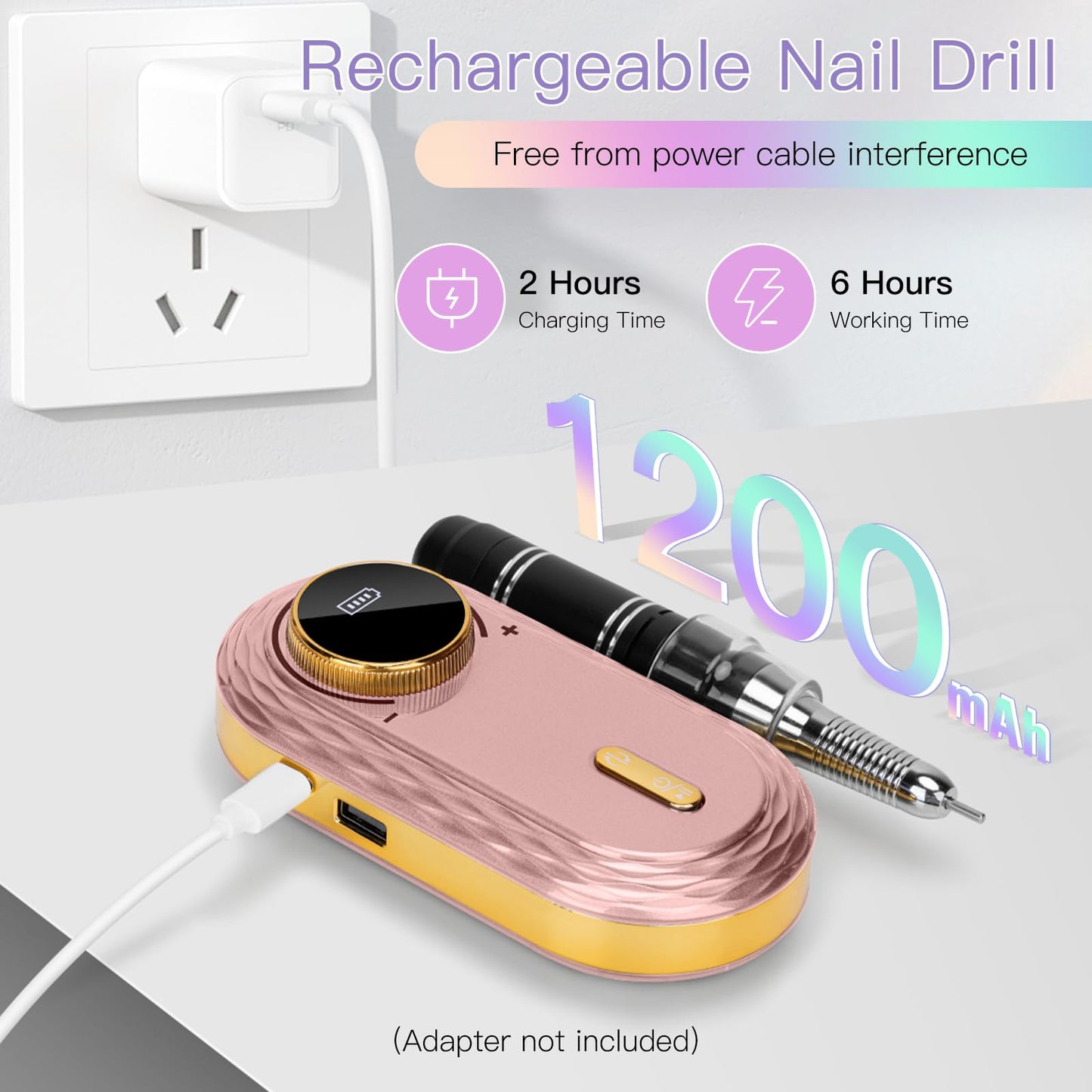 Madenia Electric Nail File 35000RPM, Professional Rechargeable Nail Drill Machine with Ceramic & Metal Drill Bits, Cordless E File Portable Efile for Acrylic Nails Gel Salon Home Manicure Use (Pink)