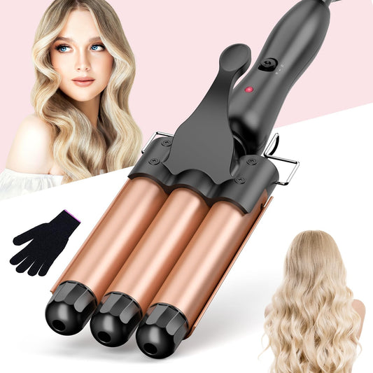 BESTOPE RAY Hair Curler 25mm, 3 Barrel Hair Waver with 30s Quick Heating, Curling Iron with 2 Temperature Control, Heat-Resistant Glove for Long Medium Short Hair