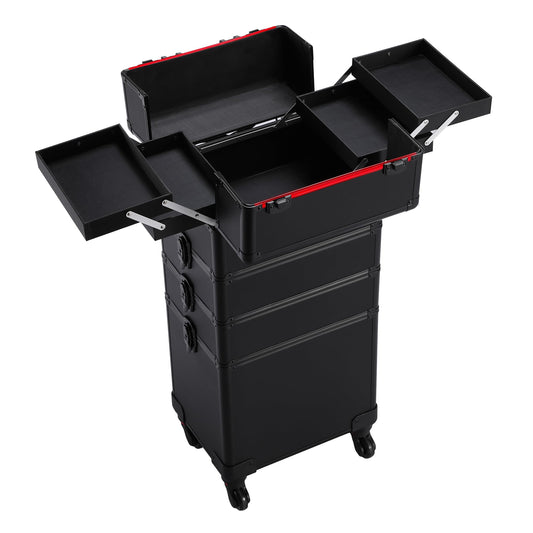 Yaheetech Professional Large 4-in-1 Makeup Vanity Case Beauty Cosmetics Organiser Rolling Case Hairdressing Trolley with Key Locks, 4 Tiers, All Black