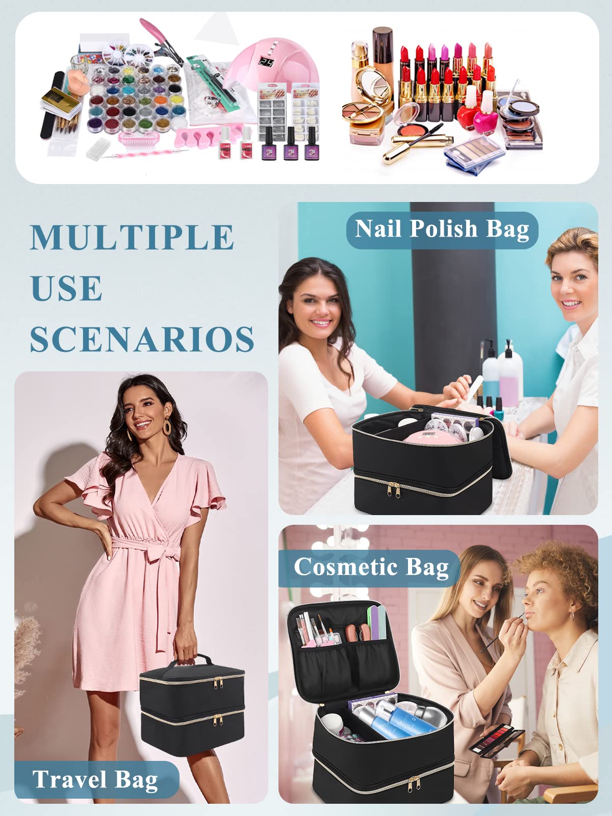 Nail Polish Organiser Makeup Bag: Double Layer Travel Nail Varnish Storage Bags Holds 30 Bottles(15ml-0.5fl.oz) and A Nail Lamp - Nail Polish Storage Vanity Case(Bag Only)