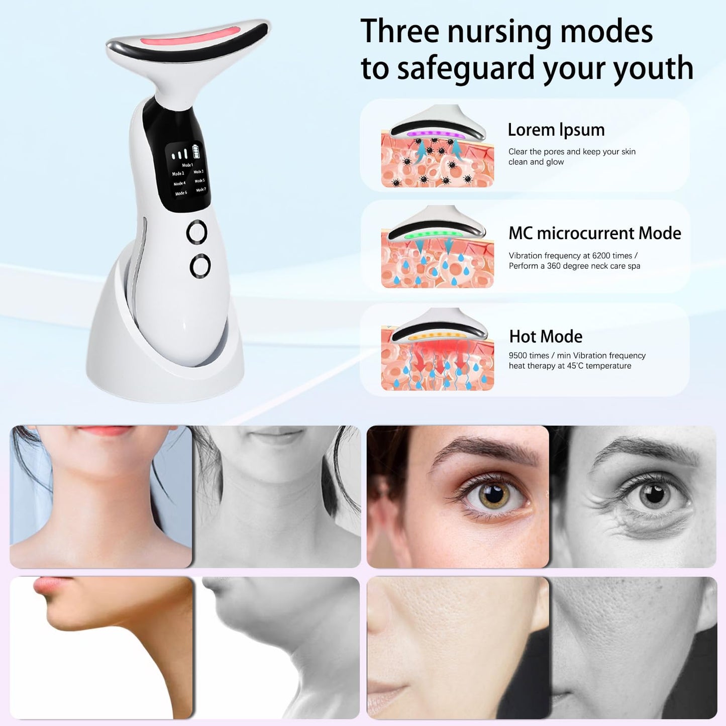 Face Massager, Facial Lifting Device, Anti-Aging Neck Eye with 7 Colors 3 Modes, Skin Care, Anti-Wrinkle Device for Slimming Face【White】