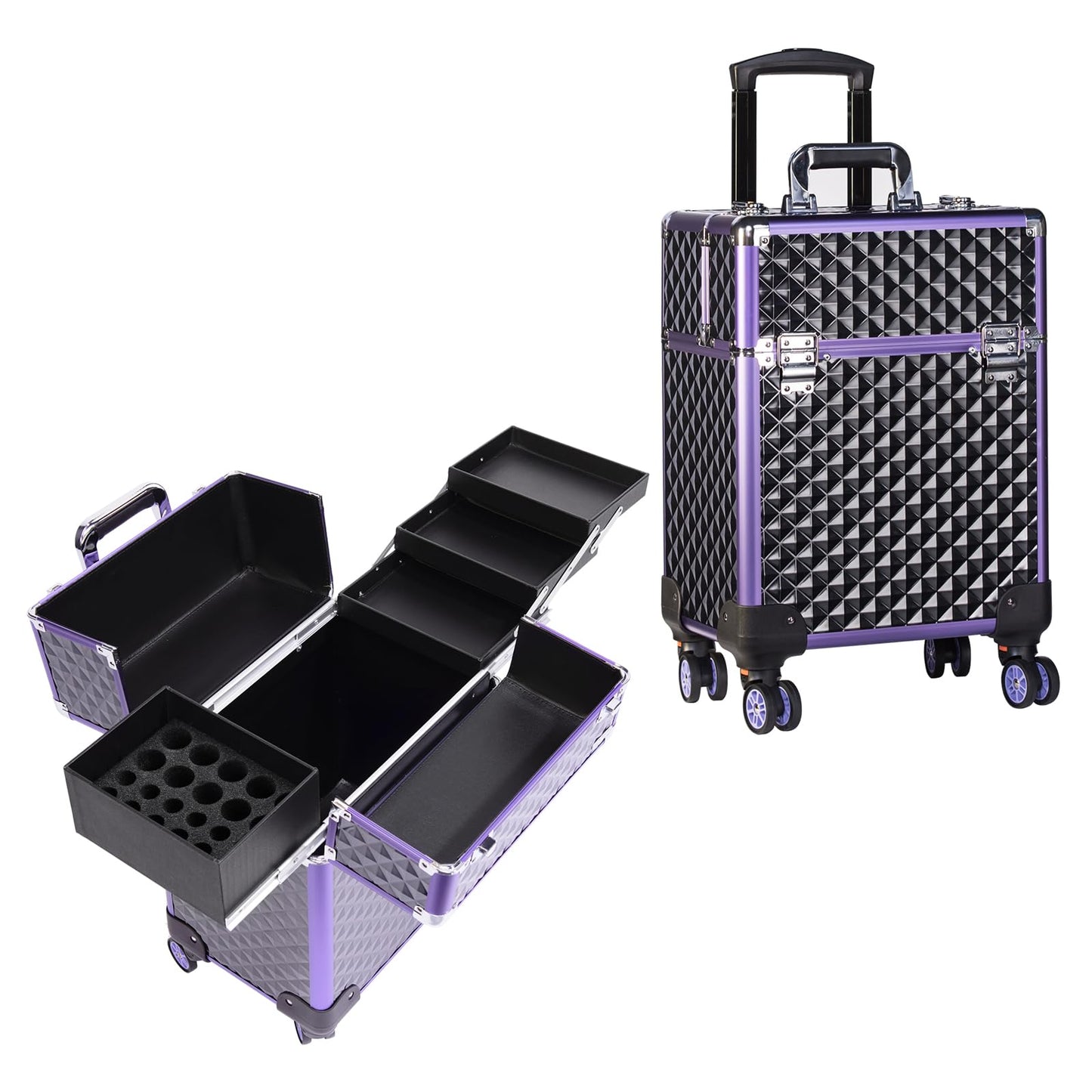 Joligrace Professional Makeup Trolley Cosmetic Vanity Box Make Up Case Organiser Beauty Rolling Box Beauty Trolley on Wheels Nail Technician Case, Black-Purple