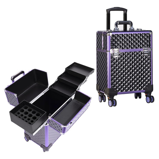Joligrace Professional Makeup Trolley Cosmetic Vanity Box Make Up Case Organiser Beauty Rolling Box Beauty Trolley on Wheels Nail Technician Case, Black-Purple