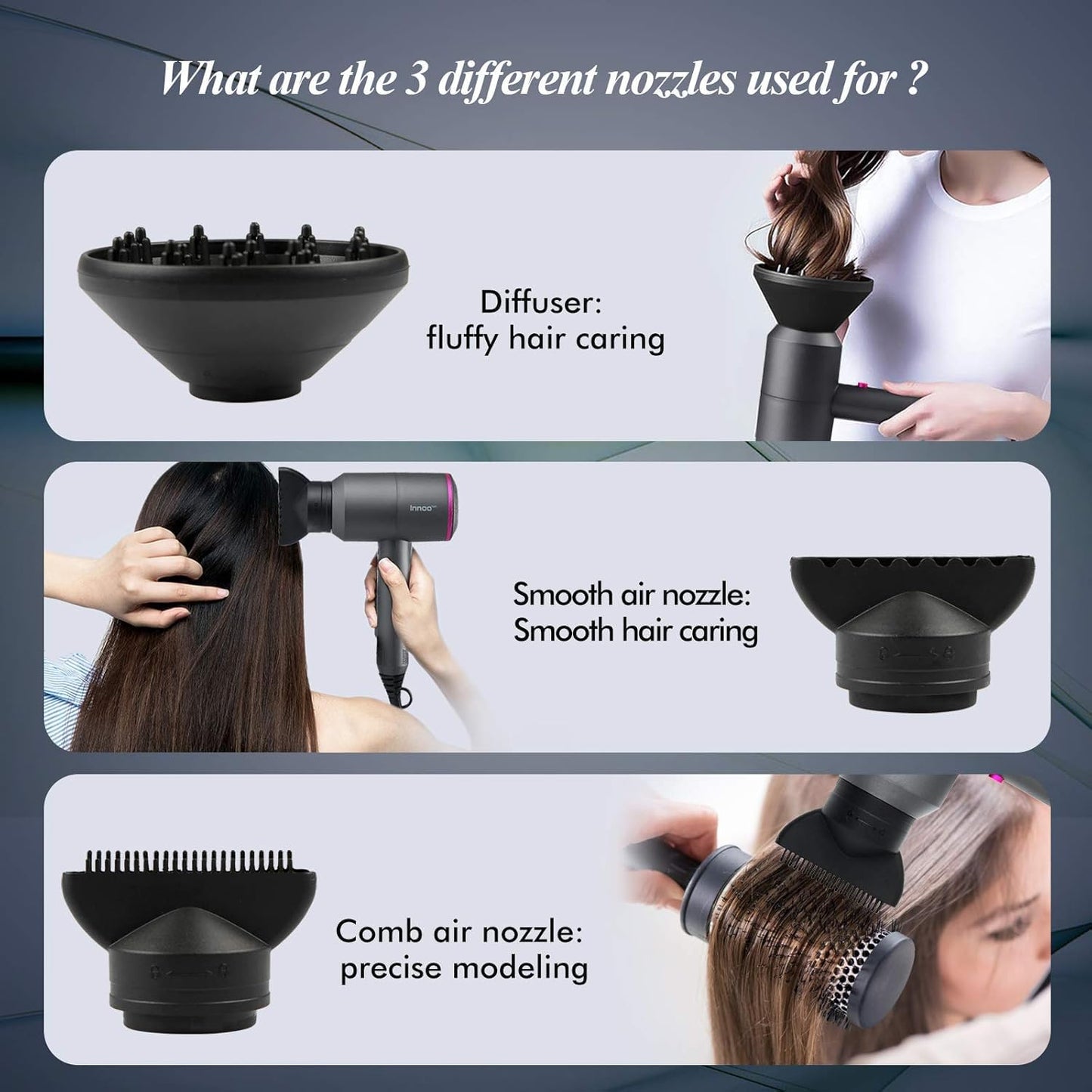 HappyGoo Hair Dryer Professional Ionic Hairdryer with 2 Speed 3 Heat Setting, Cool Shot Button, 1 Diffuser & 2 Concentrator, Hairdryers for Women & Man - Light Gray