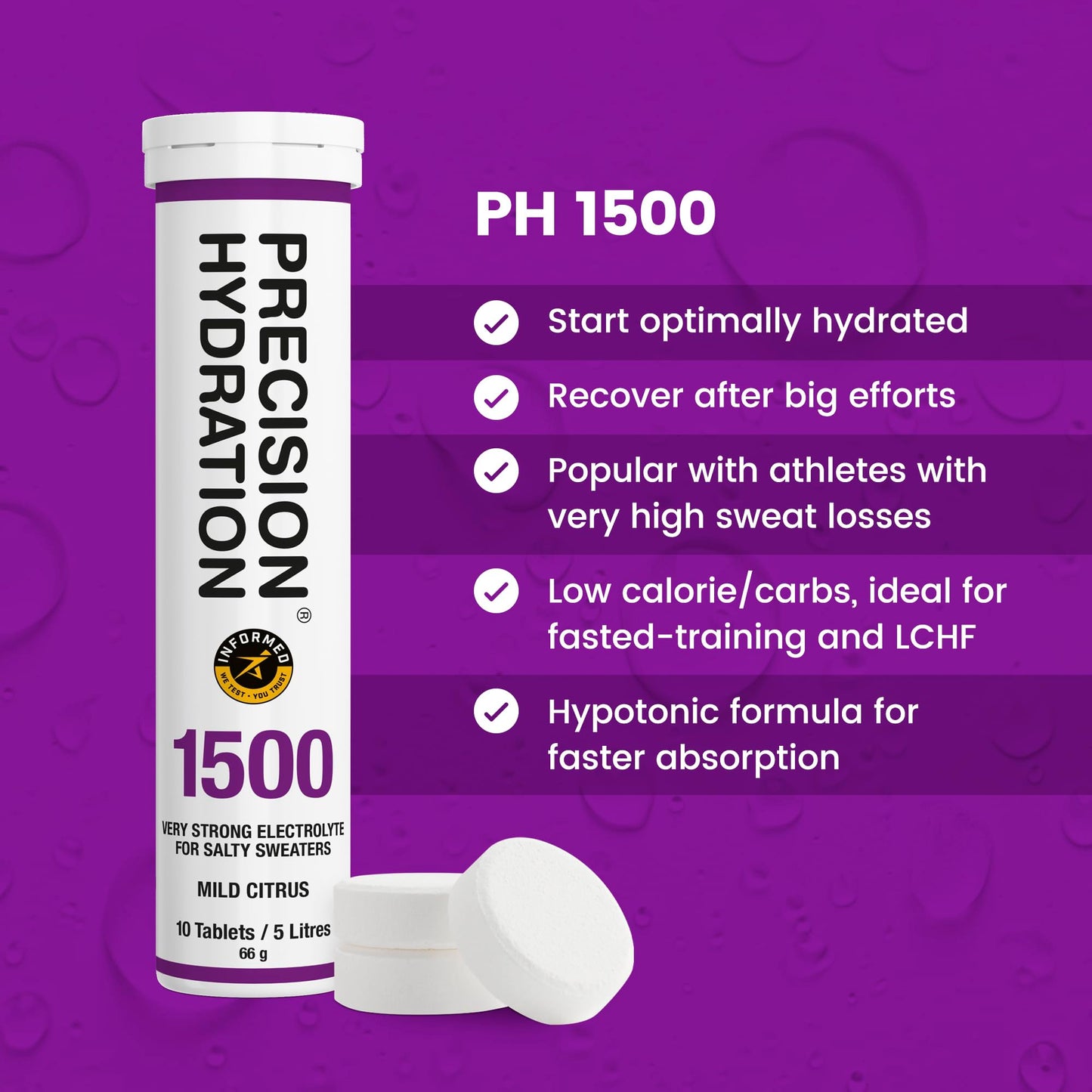 Precision Hydration Lite Electrolytes Tablets - Multi Strength Effervescent Hydration Tablet - Low Calorie, Gluten Free, Vegan/Vegetarian Friendly, Mild Citrus Flavour (1500mg/l - Purple, 1 Tube)