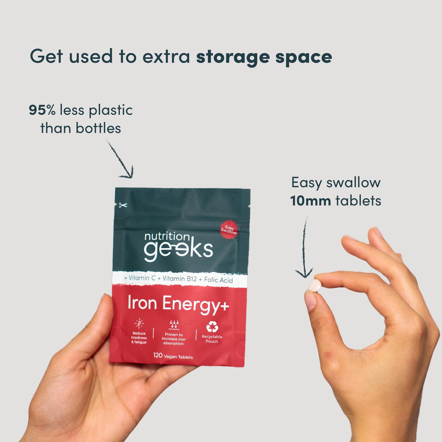 Iron Tablets High Strength - Energy Tablets with Vitamin C, B12 & Folic Acid - 120 Vegan Iron Supplements for Women and Men - 14mg - Enhanced Energy Support & Increased Absorption - UK Made