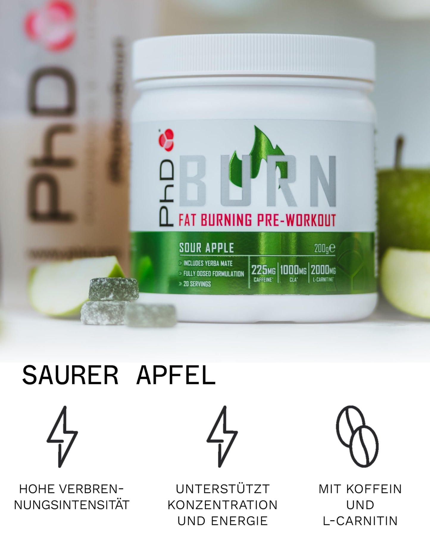 PhD Burn Pre Workout Powder with L Carnitine for Women and Men, Rich in CLA, High Caffeine for pre-Workout, Sour Apple Flavour, 20 Servings (200g)