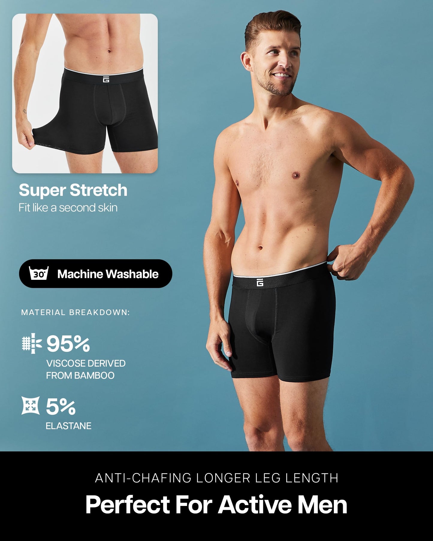 Giovici Mens Boxers Bamboo Anti Chafing Soft Comfortable Boxer Briefs Longer Leg - Boxer Shorts Multipack - Moisture Wicking Technology (3 Pack, Black, L)