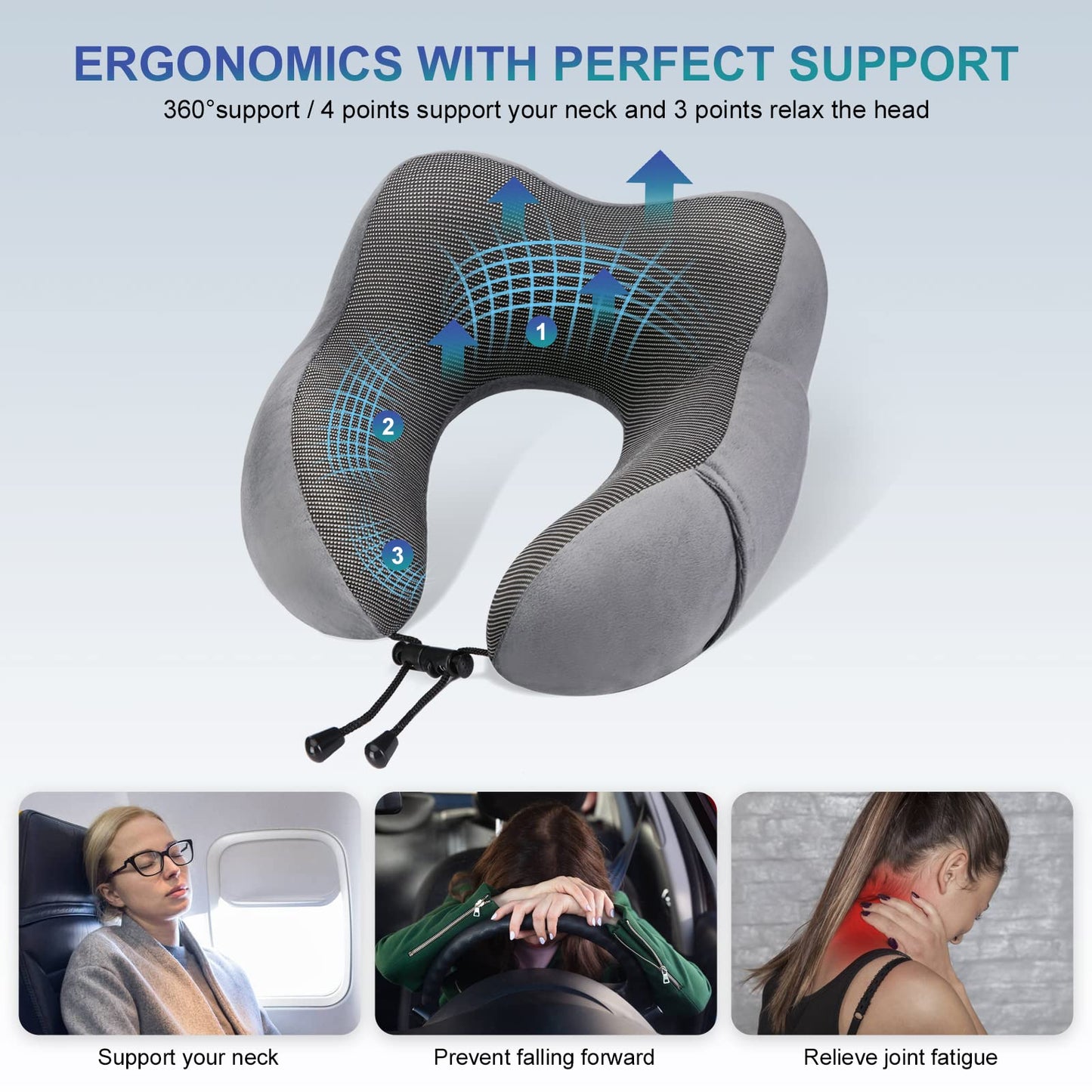 Eono Neck Pillow Memory Foam, Travel Pillow for Neck, Comfortable Neck and Head Support Pillow for Plane Cars Trains Office, Soft Flight Travel Cushion for Sleeping