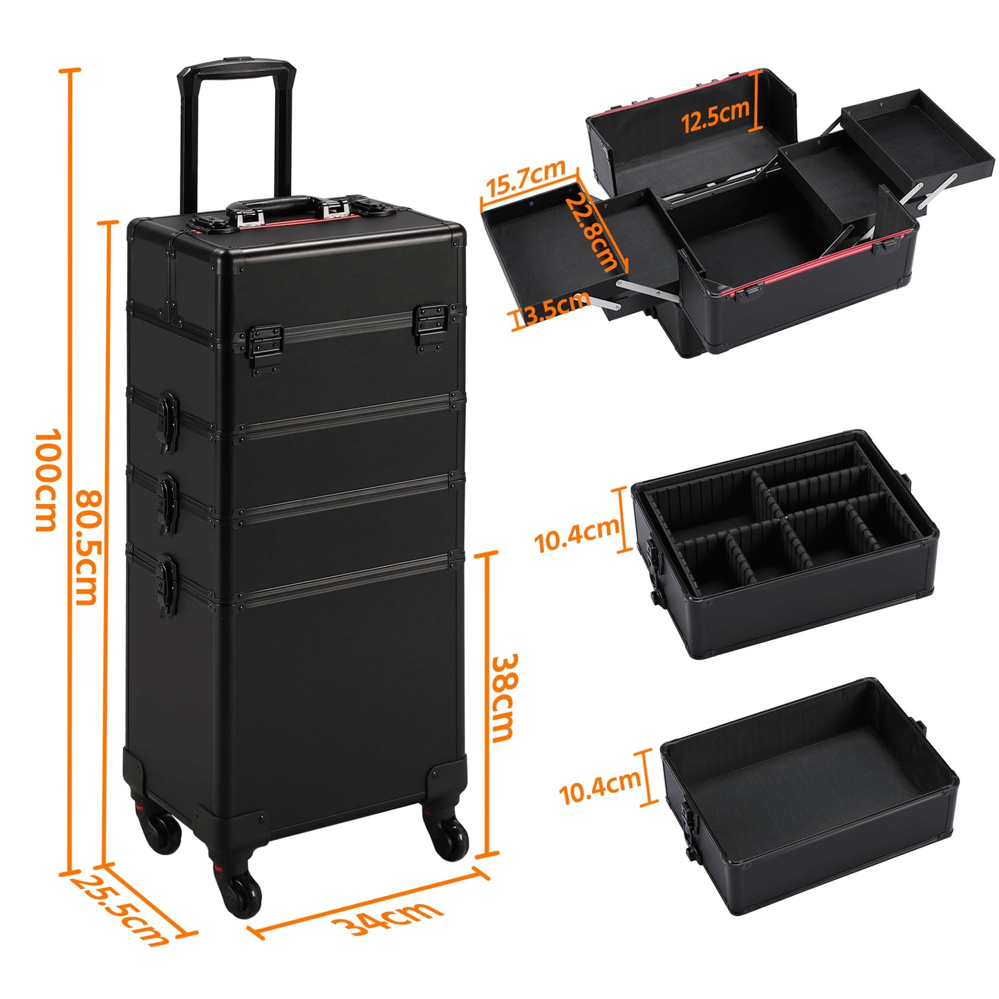 Yaheetech Professional Large 4-in-1 Makeup Vanity Case Beauty Cosmetics Organiser Rolling Case Hairdressing Trolley with Key Locks, 4 Tiers, All Black