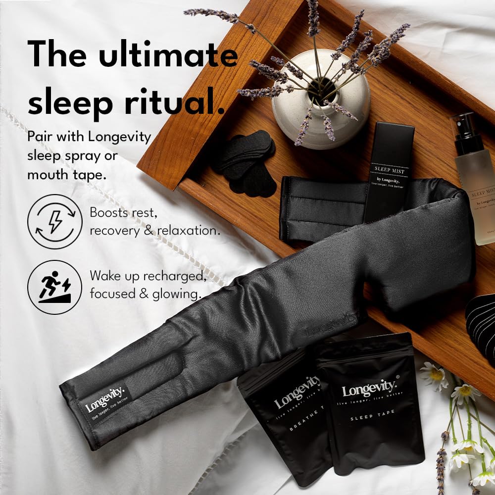 Longevity 100% Mulberry Silk Eye Mask for Sleeping - Bio-Contoured Silk Sleep Mask with Silver Ion Infusion for Skin & Hair - Light Blocking, Hypoallergenic - Luxury Sleep Aids for Women & Men