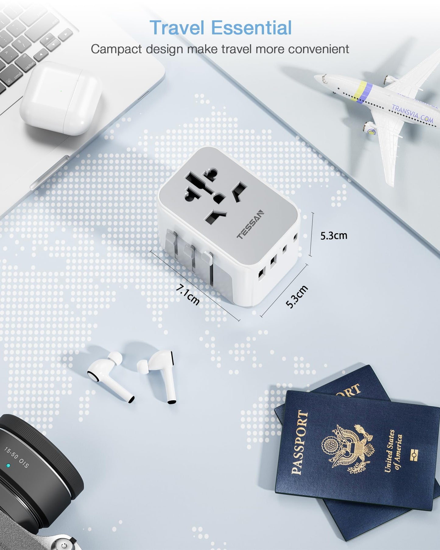 TESSAN Universal Travel Adapter Worldwide with 2 USB C and 2 USB A Ports, Universal Plug Adaptor UK to World, International Travel Adapter for Multi Countries EU, USA, UK, Australia, Thailand etc.