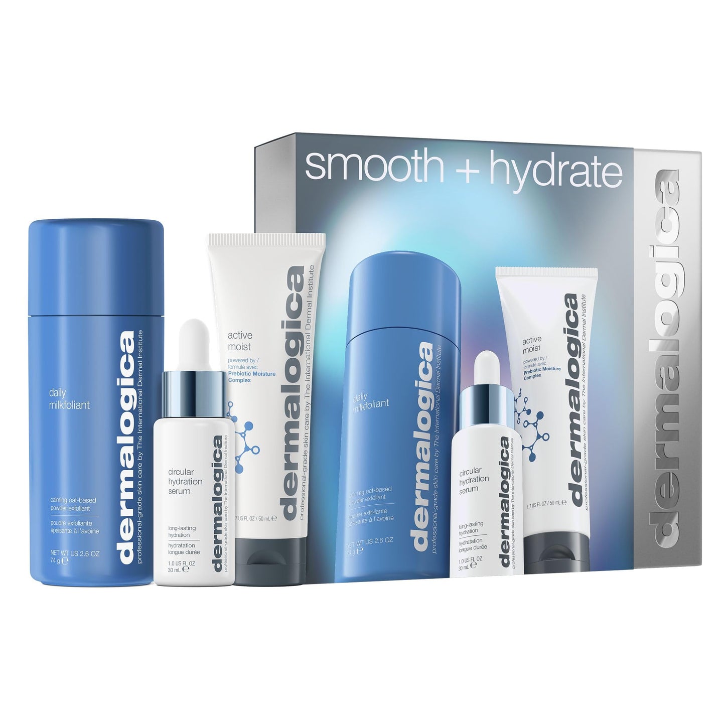 Dermalogica Smooth and Hydrate Gift Set, Full-Size Daily Milkfoliant 74g, Circular Hydration Serum 30ml, Active Moist Moisturiser 50ml, Skincare Set, Pack of 3