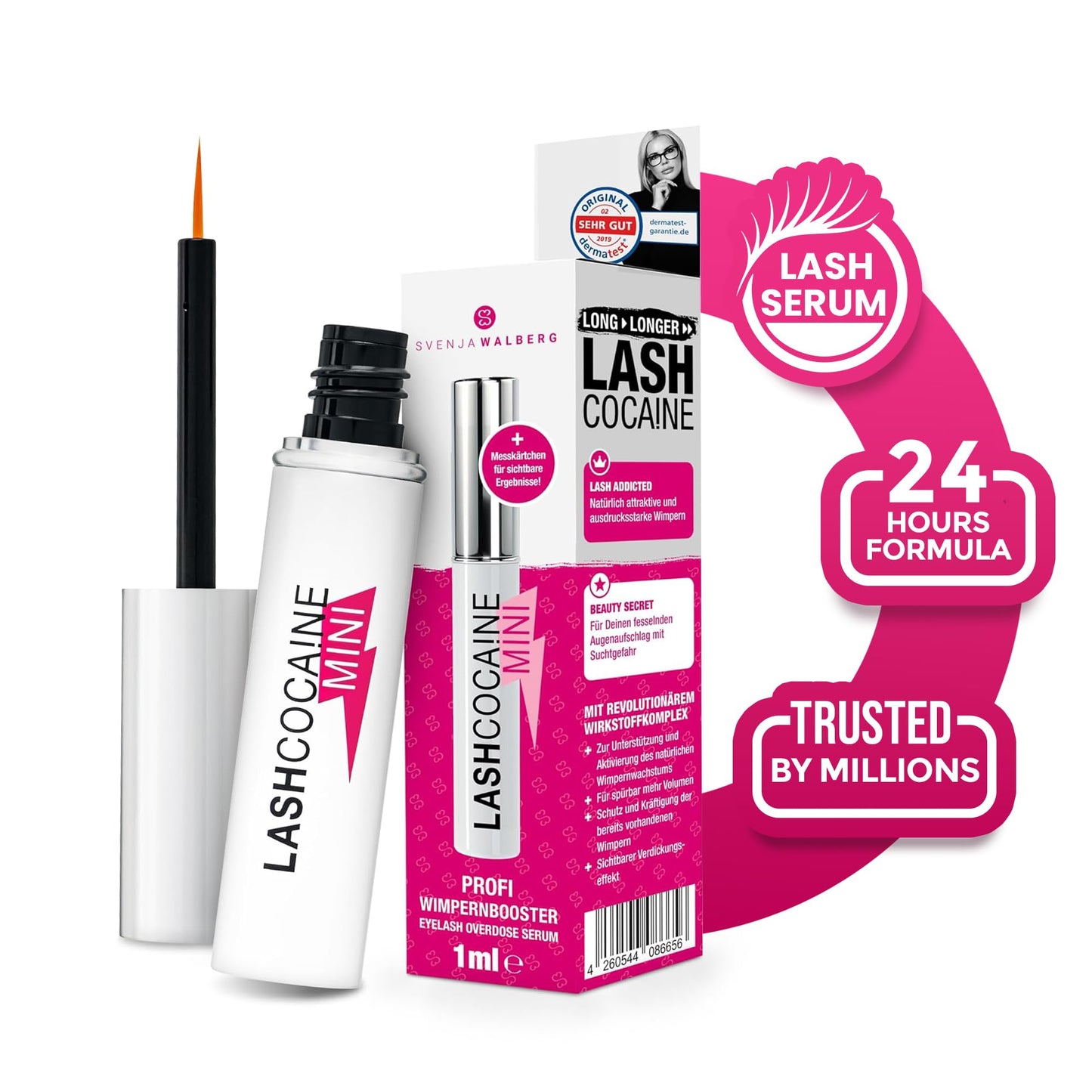 Mini LASHCOCA!NE Eyelash Serum for Fast Growth & Long Eyelashes Vegan Booster Made in Germany Test Winner for Eyelash Extension Long Eye Lashes by Svenja Walberg Dermatest Very Good
