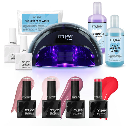 Mylee Complete Professional Gel Nail Polish LED Lamp Kit, 4x Colours, Top & Base Coat, PRO Salon Series Convex Curing® LED Lamp, Prep & Wipe, Gel Remover (Black Lamp)