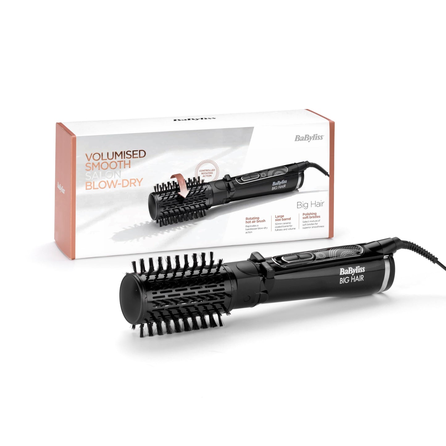 BaByliss Big Hair Rotating Hair Dryer Brush - Dry and Style in One Step, 2 Speeds & Alternating Directions, Ionic Frizz-Control, 50mm Barrel, Black, 2885U