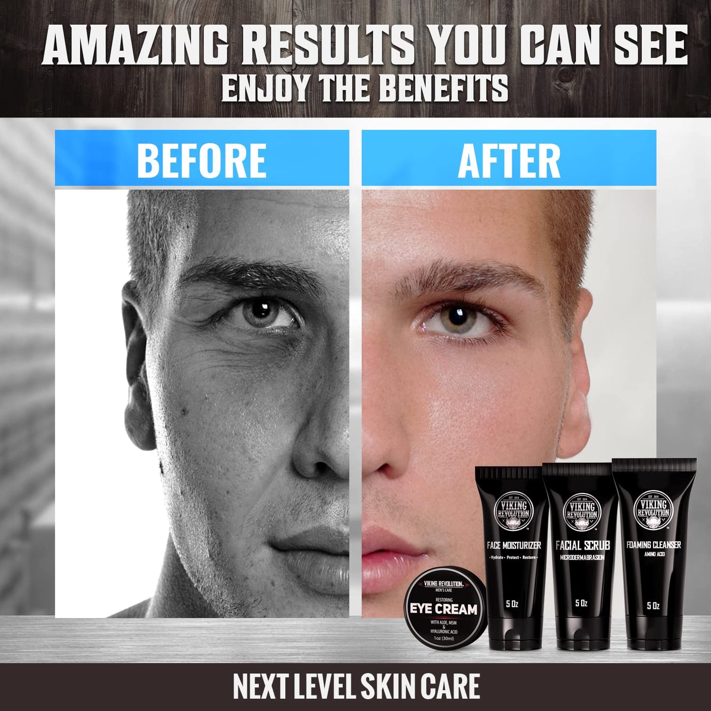 Viking Revolution - Mens Skincare Kit - Includes (148ml Each) Mens Face Moisturiser, Mens Face Wash, Mens Face Scrub and Mens Eye Cream (30ml) - Mens Skincare Gift Set - Gifts For Men