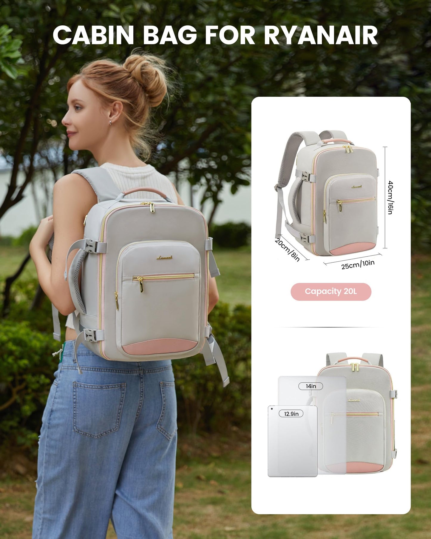 LOVEVOOK Ryanair Cabin Bags 40x20x25 Underseat Travel Bag Backpack 20L, Carry-Ons Hand Luggage Bag for Ryan Air Plane, Womens Small Under Seat Rucksack for Travelling