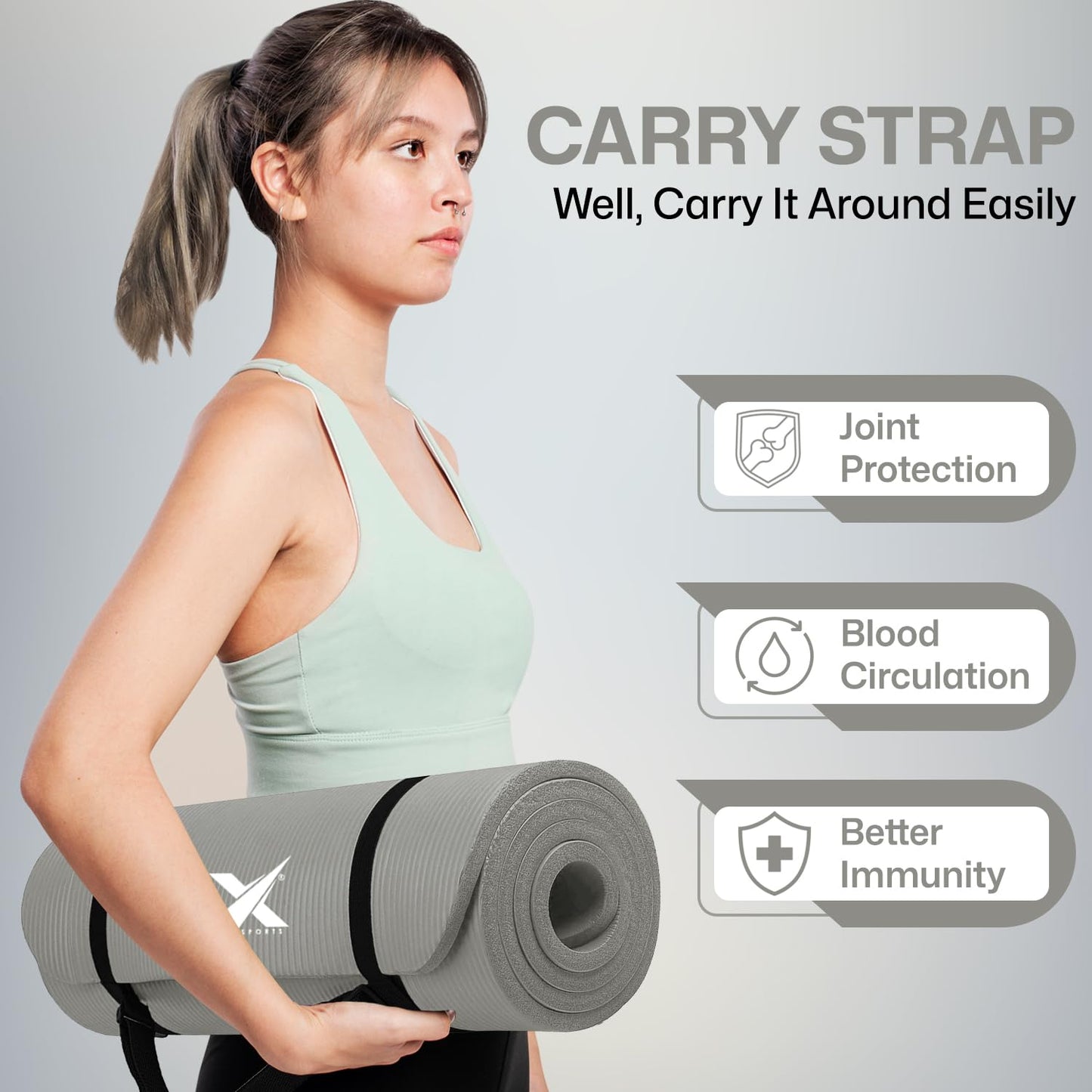 Xn8 Sports Yoga mat 15mm Thick NBR Exercise Mat - Non-Tearable Pilates Mat with Extra Carry Strap- Lightweight Yoga Mats for Women Men for Aerobics, Lunges, Planks Indoor & Outdoor 61x20x1.5 cm