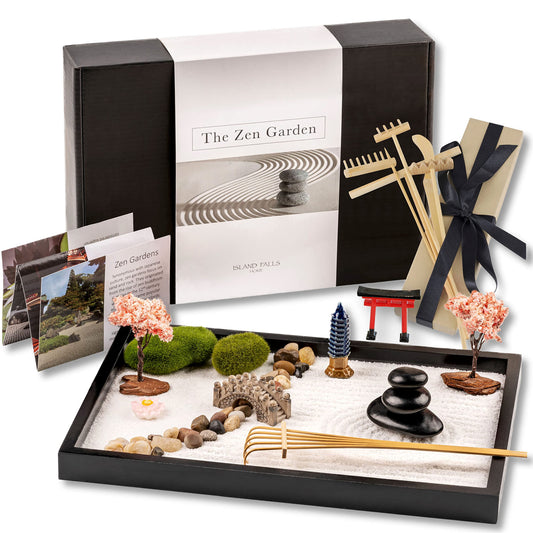 Island Falls Home Zen Garden Kit 11x8 Beautiful Premium Japanese Mini Sand Garden Meditation Gift Set for Home & Office Desk Accessories. Zen Sand, 6 Tools, 15 Features. Mindfulness Gifts Decor Women
