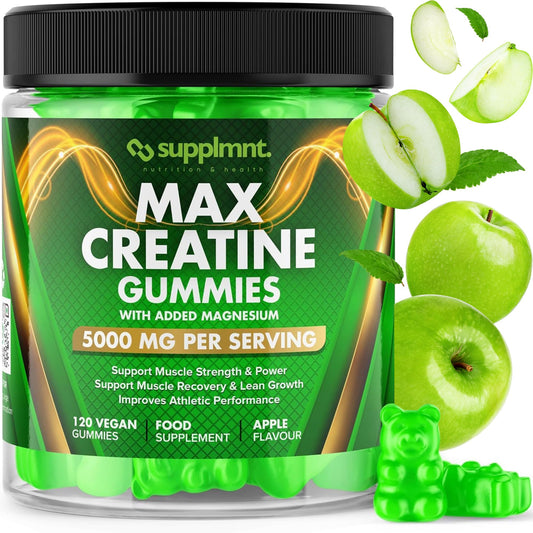 Creatine Gummies 5000mg 120ct Max Strength Muscle Growth Recovery Supplements for Men & Women Creatine Monohydrate with Magnesium Complex Vegan Pre Workout Chewable Gummies, 1 Month Supply (Apple)