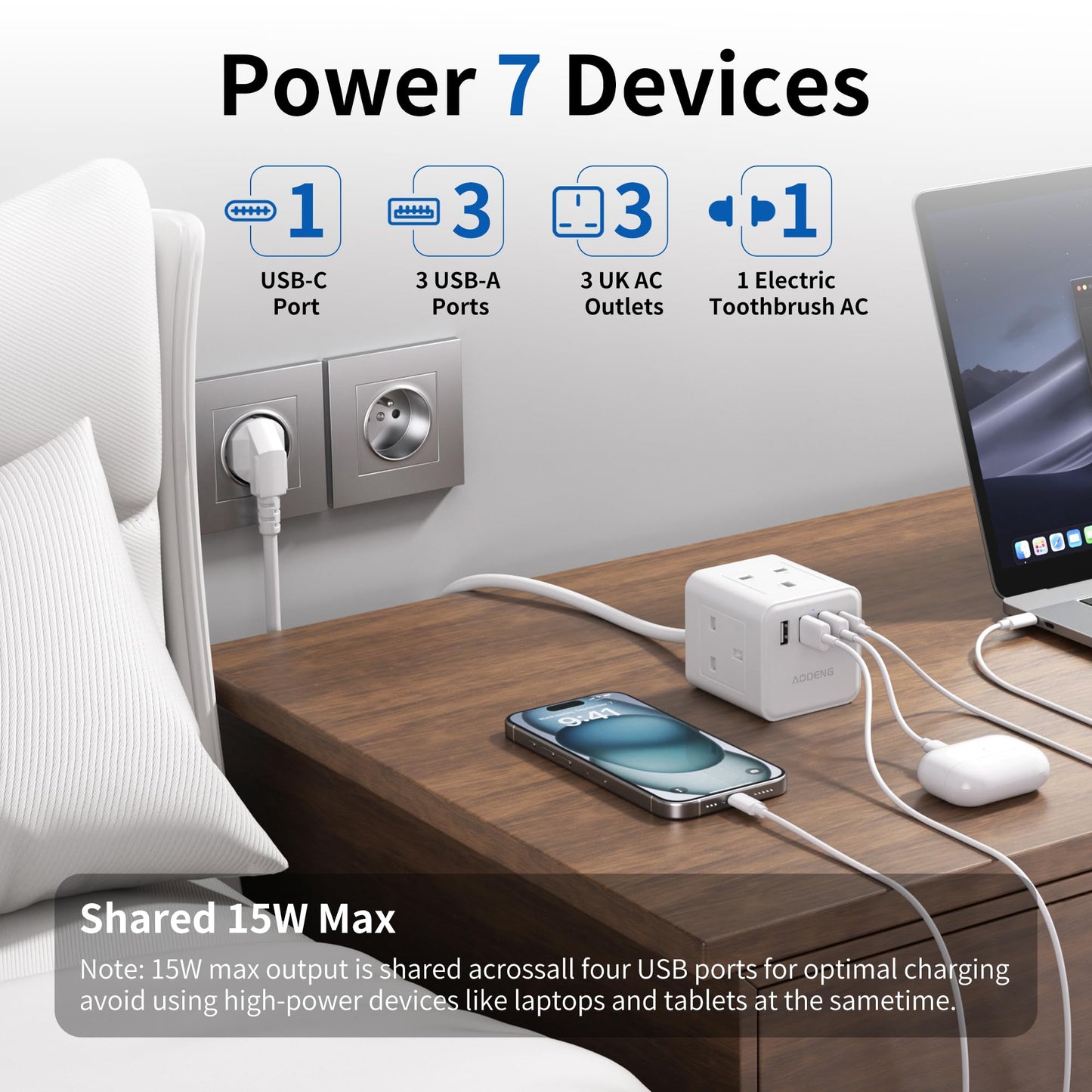 UK to European Plug Adapter with 1.5M Extension Cable, Aodeng 4 Way Travel Extension Lead with 4 USB Compact Type E/F Travel Adapter for Germany France Spain Poland Greece Netherlands etc.