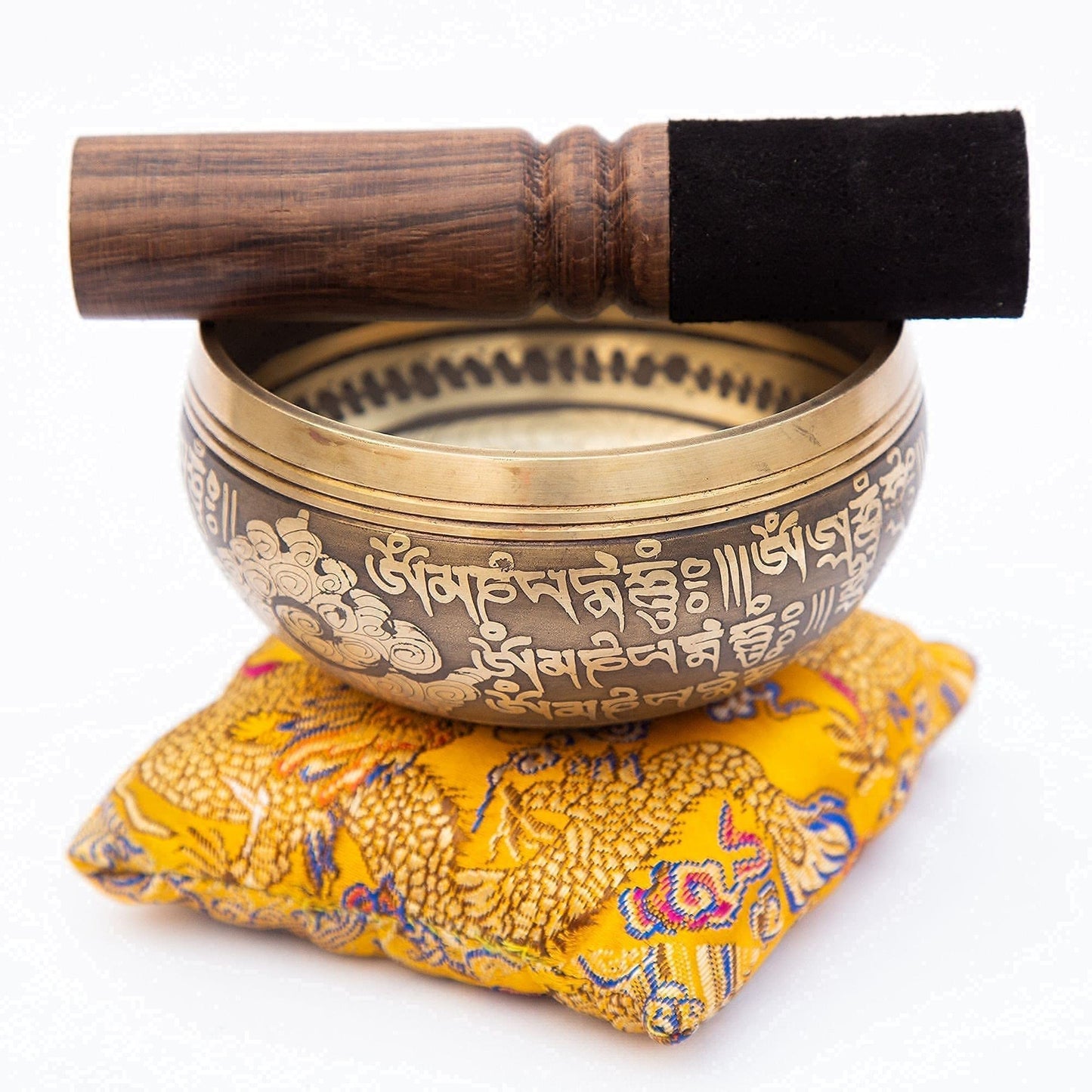 Tibetan Singing Bowl Set - Easy To Play - Om Design For Meditation Sound Chakra Yoga Healing 4 Inches By Himalayan Bazaar (Gold & Yellow)