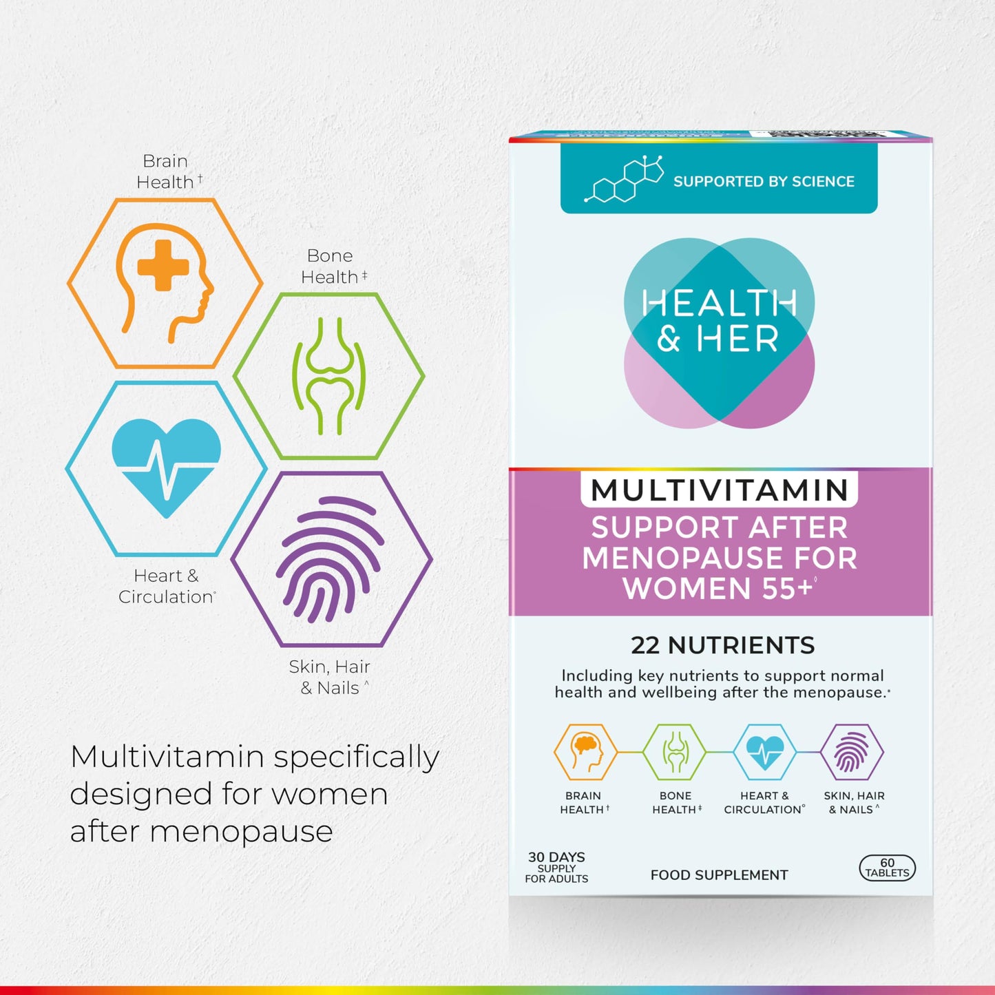 Health & Her Multivitamin Support After Menopause for Women 55+ - Supplements for Women - Nutrition and Wellbeing Support - 1 Month Supply, 60 Tablets - Vegan & Gluten Free