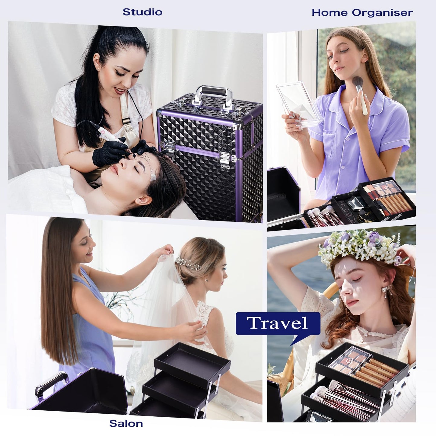 Joligrace Professional Makeup Trolley Cosmetic Vanity Box Make Up Case Organiser Beauty Rolling Box Beauty Trolley on Wheels Nail Technician Case, Black-Purple