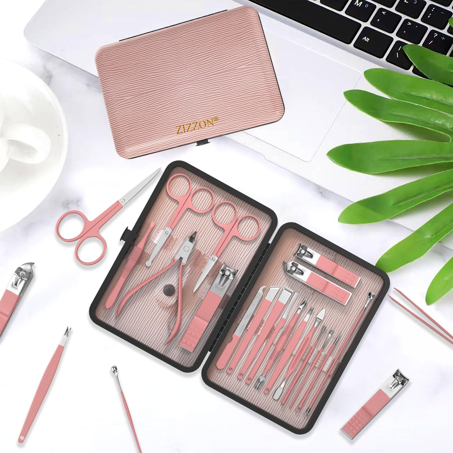 ZIZZON Manicure Set 18 in 1 Professional Pedicure Set Nail scissors Grooming Kit with Leather Travel Case Pink