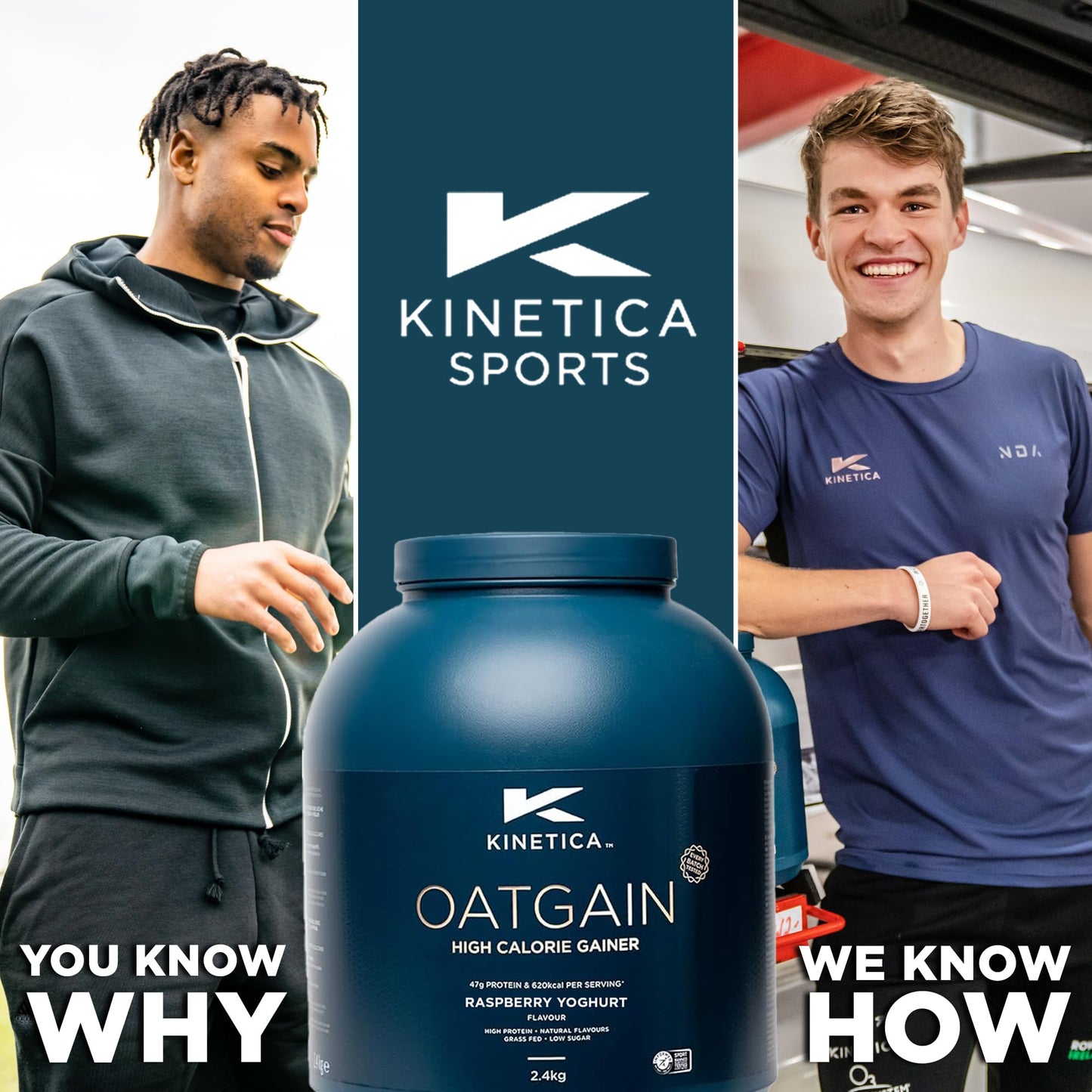 Kinetica Sports OatGain Weight Gainer - Raspberry Yoghurt Flavour | 630 Cal, 46g Protein & 82g Carbs/Serve, 15 Servings/2.4Kg | Optimum Grass Fed Protein Supplement | High Calorie & Easy Mixability