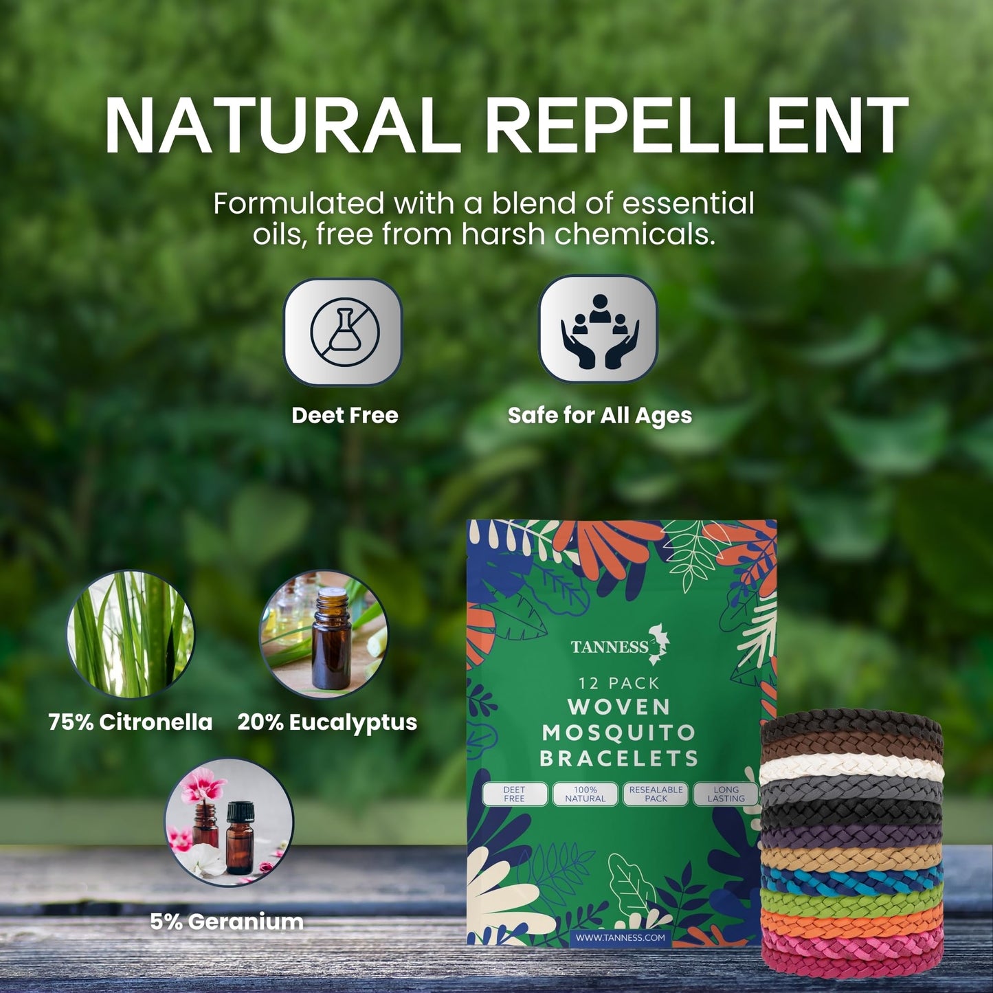 Tanness 12 Pack Mosquito Repellent Bracelet - Non-Toxic Insect Repellent Bands, Deet-Free Bug & Flea Repellent for Kids & Adults - Waterproof Travel Essentials, 250 Hours Protection