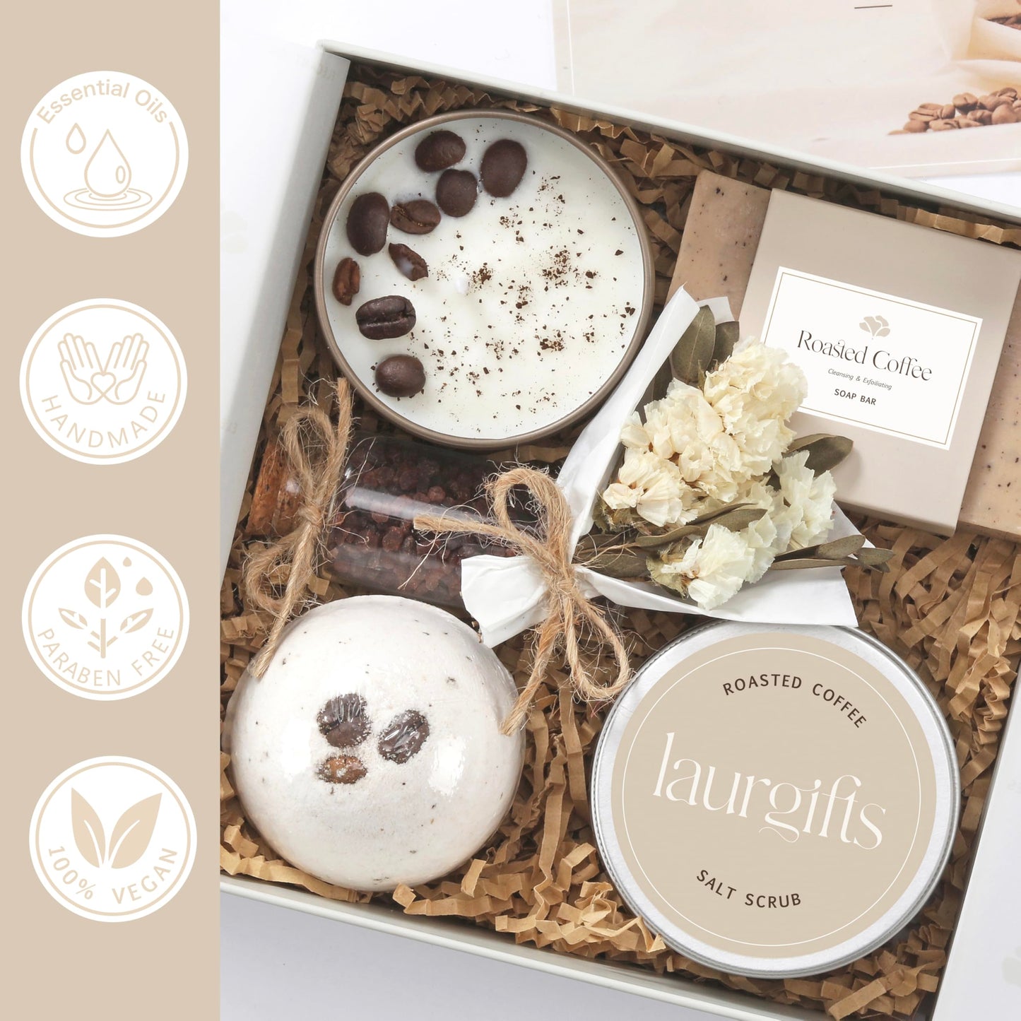 LaurGifts Coffee Scented Set Box - Birthday Present for Women, Candle Basket for Coffee Lovers, Coworker Idea - Spa Package for Friend, Mom, Wife, Girlfriend, Father