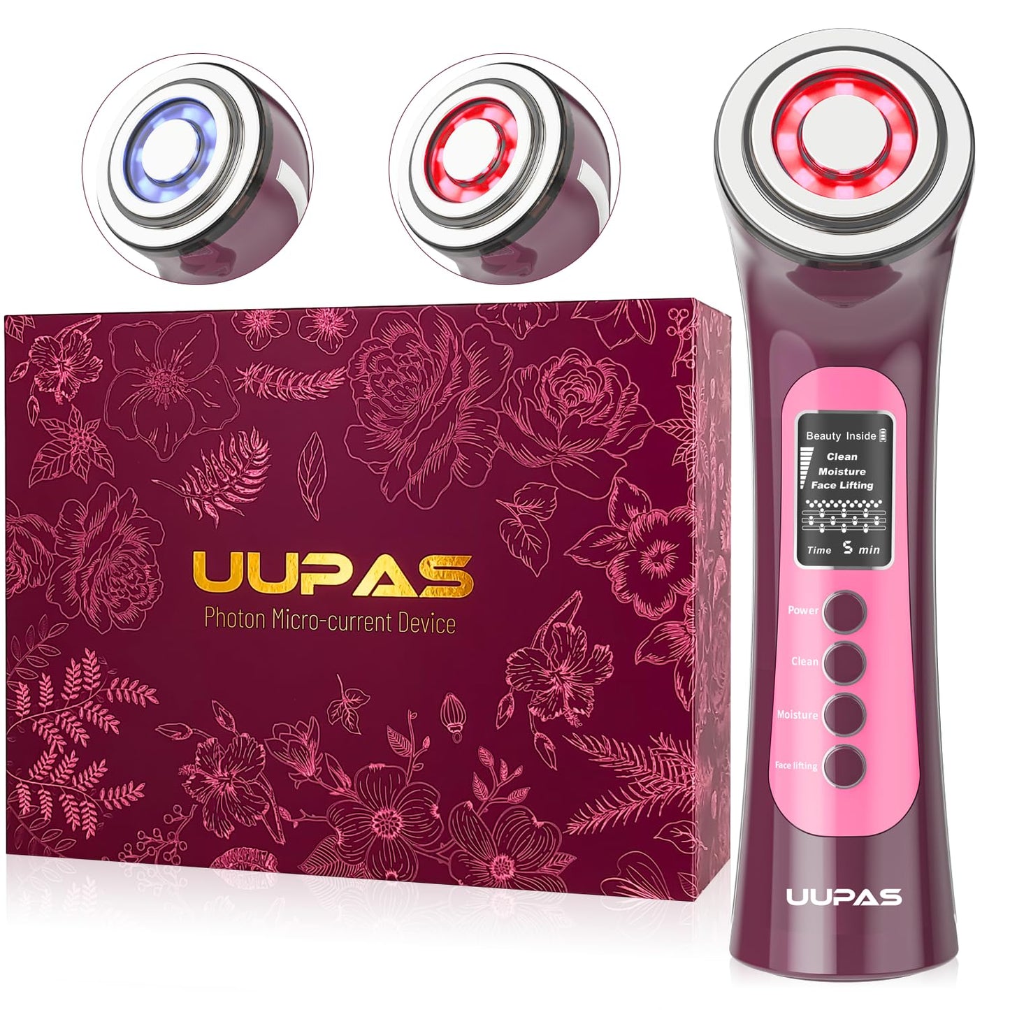Smart Photon Micro-Current Device - UUPAS LED Red Blue Light Therapy Wand Device for Face - Radio Frequency and EMS Microcurrent Facial Machine - Skin Tightening，Lifting，Anti Aging Facial Massager
