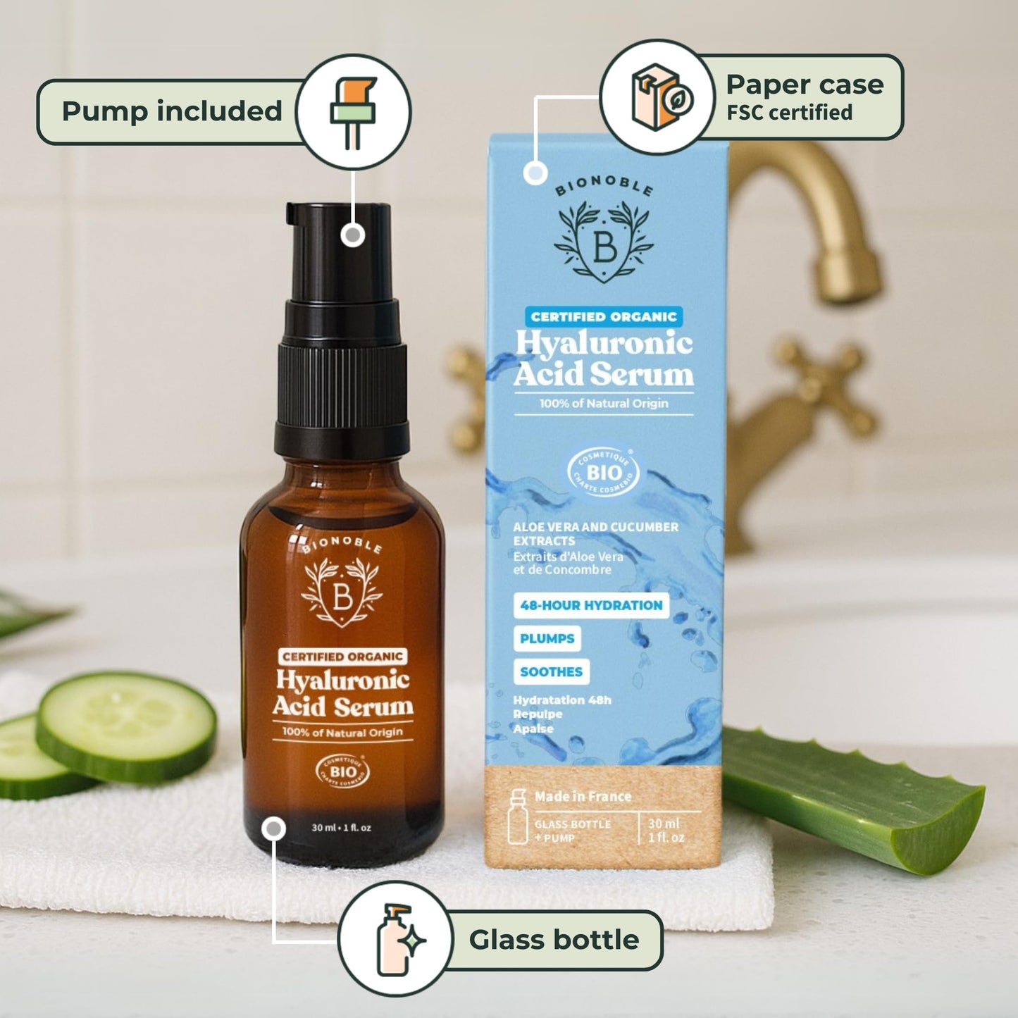 BIONOBLE Hyaluronic Acid Serum Certified Organic - Hydrating, Anti Wrinkle & Anti Aging with Aloe Vera - Vegan Face Serum for Women Mature Skin & All Skin Types - Glass Bottle + Pump - 30ml