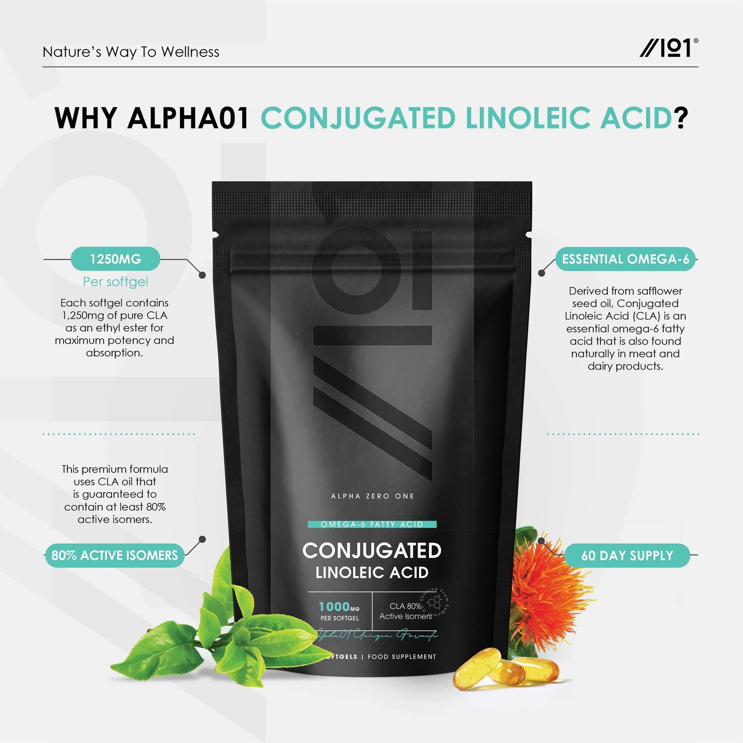 CLA Softgels 1000mg - Conjugated Linoleic Acid (CLA) Tonalin - Diet and Weight Loss Supplement - 60 Softgels - by Alpha01