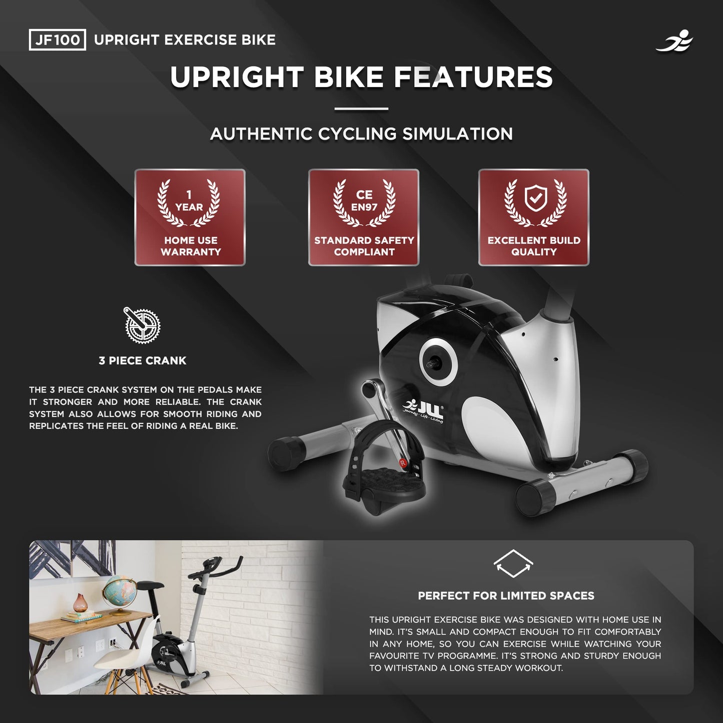 JLL® JF100 Home Exercise Bike, 2025 New Adjustable Magnetic Resistance Cardio Workout, 4kg Bi-Directional Flywheel, Display with Heart-Rate Sensor, Adjustable Handlebars & Seat Height