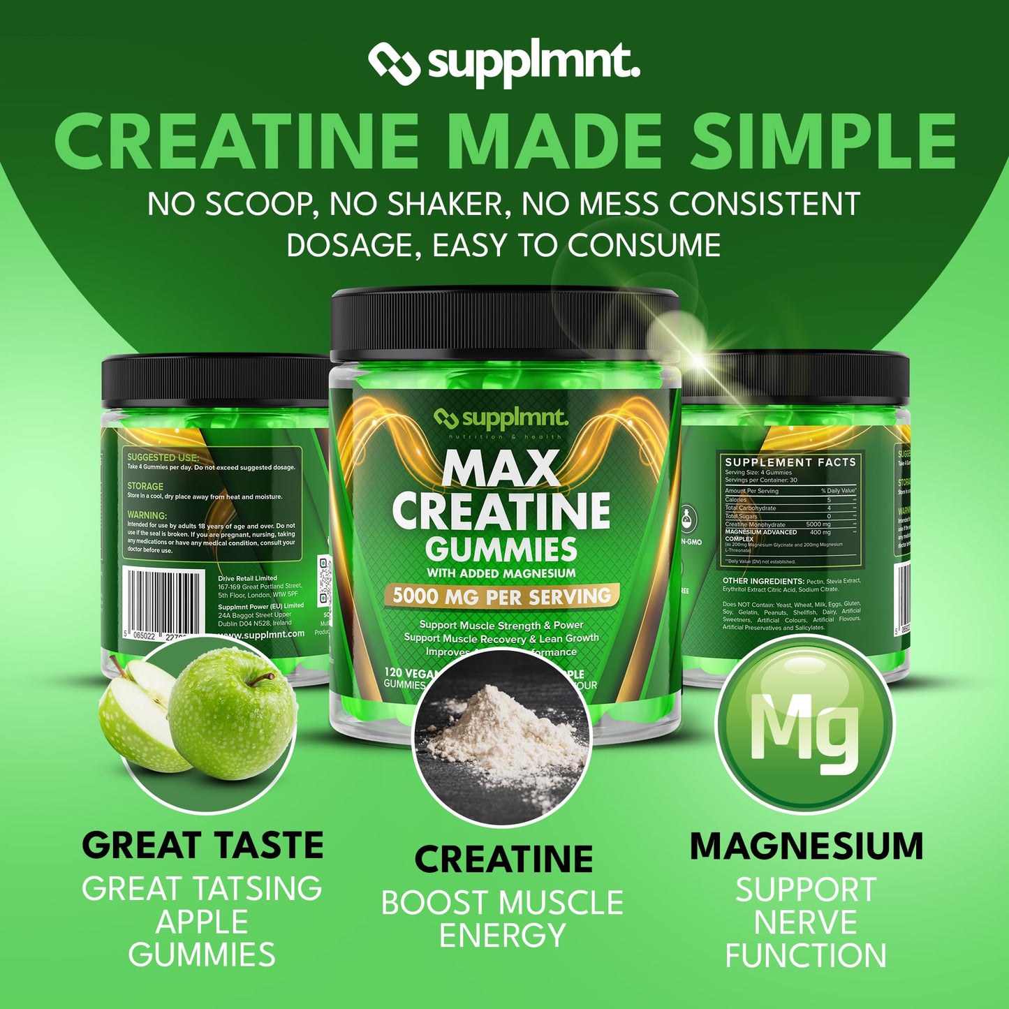 Creatine Gummies 5000mg 120ct Max Strength Muscle Growth Recovery Supplements for Men & Women Creatine Monohydrate with Magnesium Complex Vegan Pre Workout Chewable Gummies, 1 Month Supply (Apple)