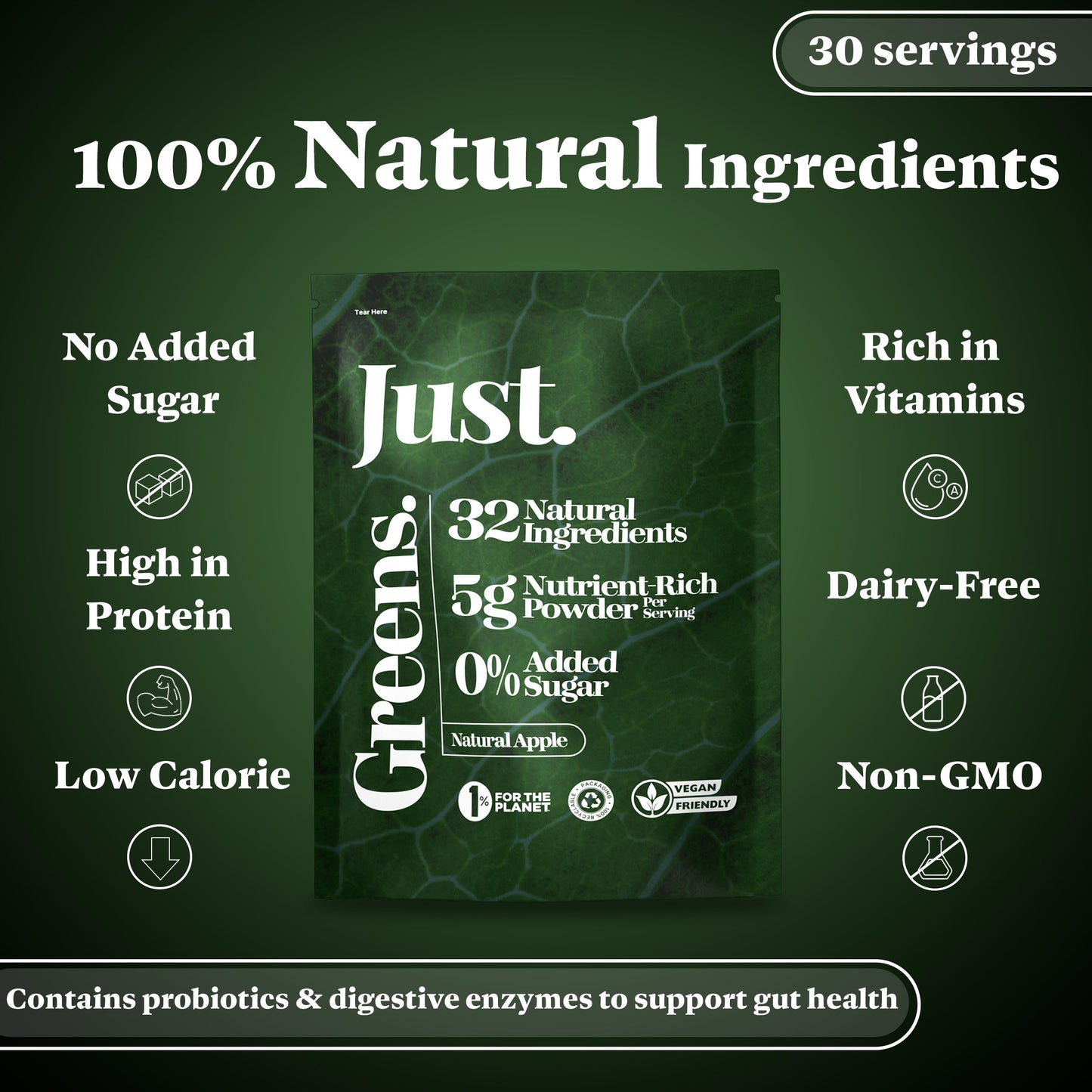 JUST Greens Powder 150g Superfood Supplement for Gut Health, Detox, Energy & Weightloss, Supergreens Packed with Fibre, Protein, Collagen & Vitamins