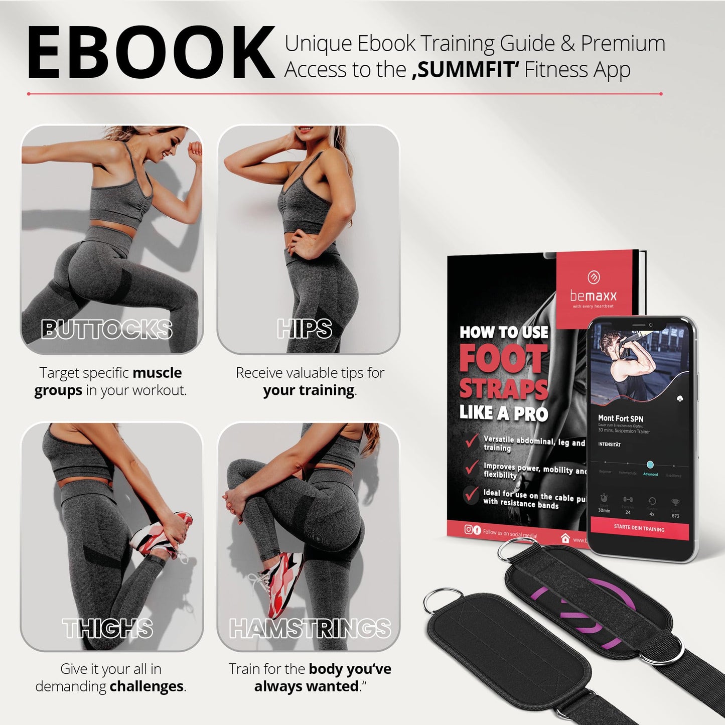 Ankle Straps Set for Cable Pulley Machine + Training Guide - 1 Pair One-Size Padded Foot Cuffs with Fastener for Workout | Leg Butt Glute Gym Fitness Sport Equipment, Women Men Footstrap Bodybuilding