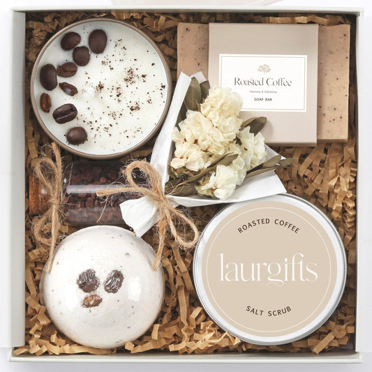 LaurGifts Coffee Scented Set Box - Birthday Present for Women, Candle Basket for Coffee Lovers, Coworker Idea - Spa Package for Friend, Mom, Wife, Girlfriend, Father