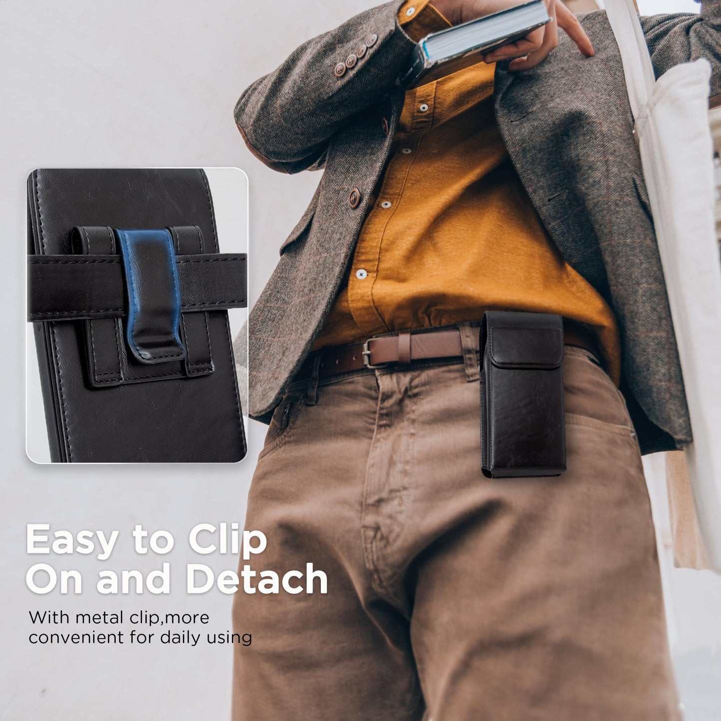 INGIDO Holster for iPhone 16, 16 Pro, iPhone 15, 15 Pro, 14, 14 Pro, 13, 13 Pro, 12, 12 Pro, 11, Galaxy S25, S24, S23, S22, Premium Leather Pouch with Belt Clip Phone Holster Belt Case, Black -M
