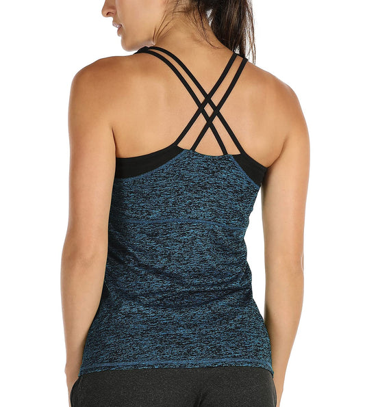 icyzone Women's Workout Yoga Tank Top with Built in Bra, Strappy Back Sports Fitness Tops (S, Royal Blue)