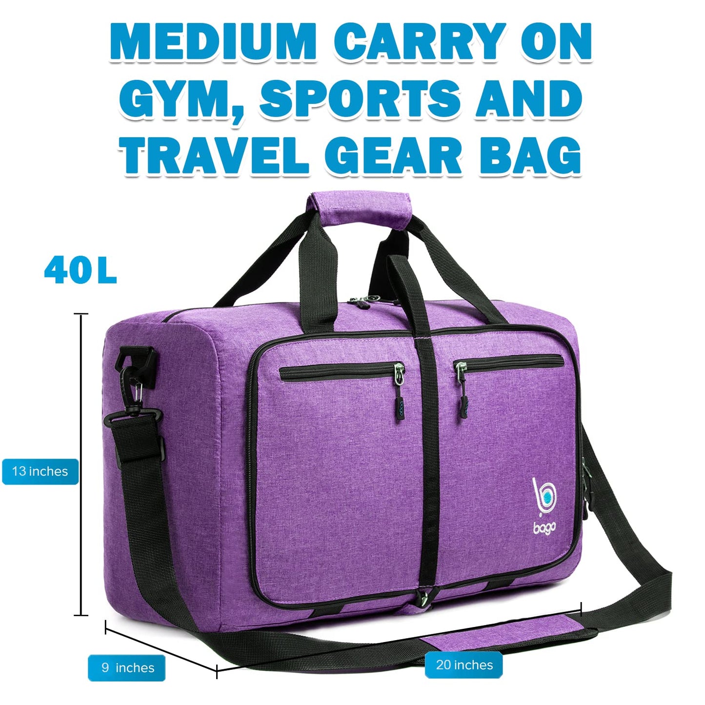 bago Holdall Bags for Men & Women - 40L Spacious Holdall Bag with Shoe Compartment - Save Time & Travel The World in Style & Convenience - Durable, Lightweight & Foldable Duffle Bag (SnowDepPurple)