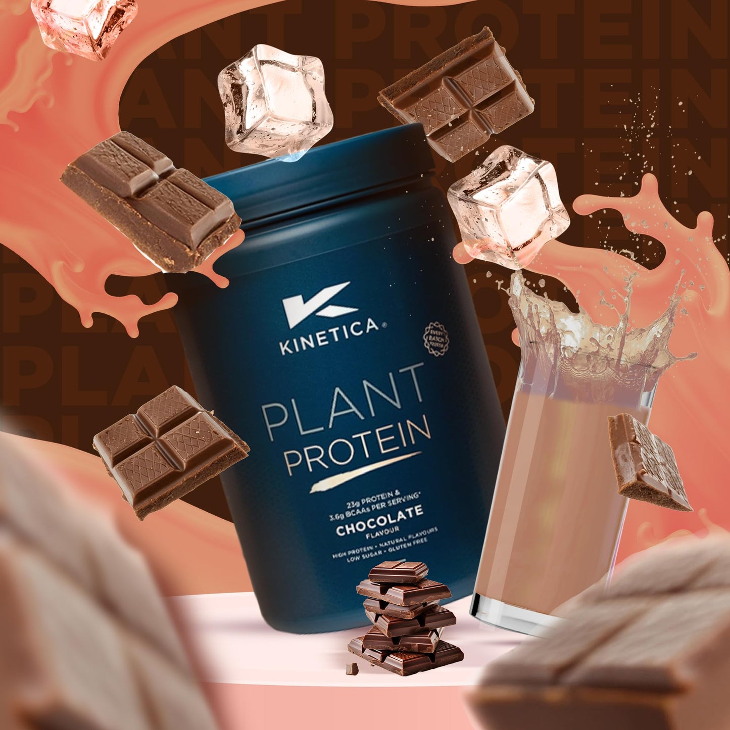 Kinetica Sports Plant Protein Powder - Chocolate Flavour | 23g Protein/Serve, 33 Servings/1Kg | Blend of Pea & Rice Protein | Dairy & Gluten Free |Vegan & Low in Sugar | Easy Mixability