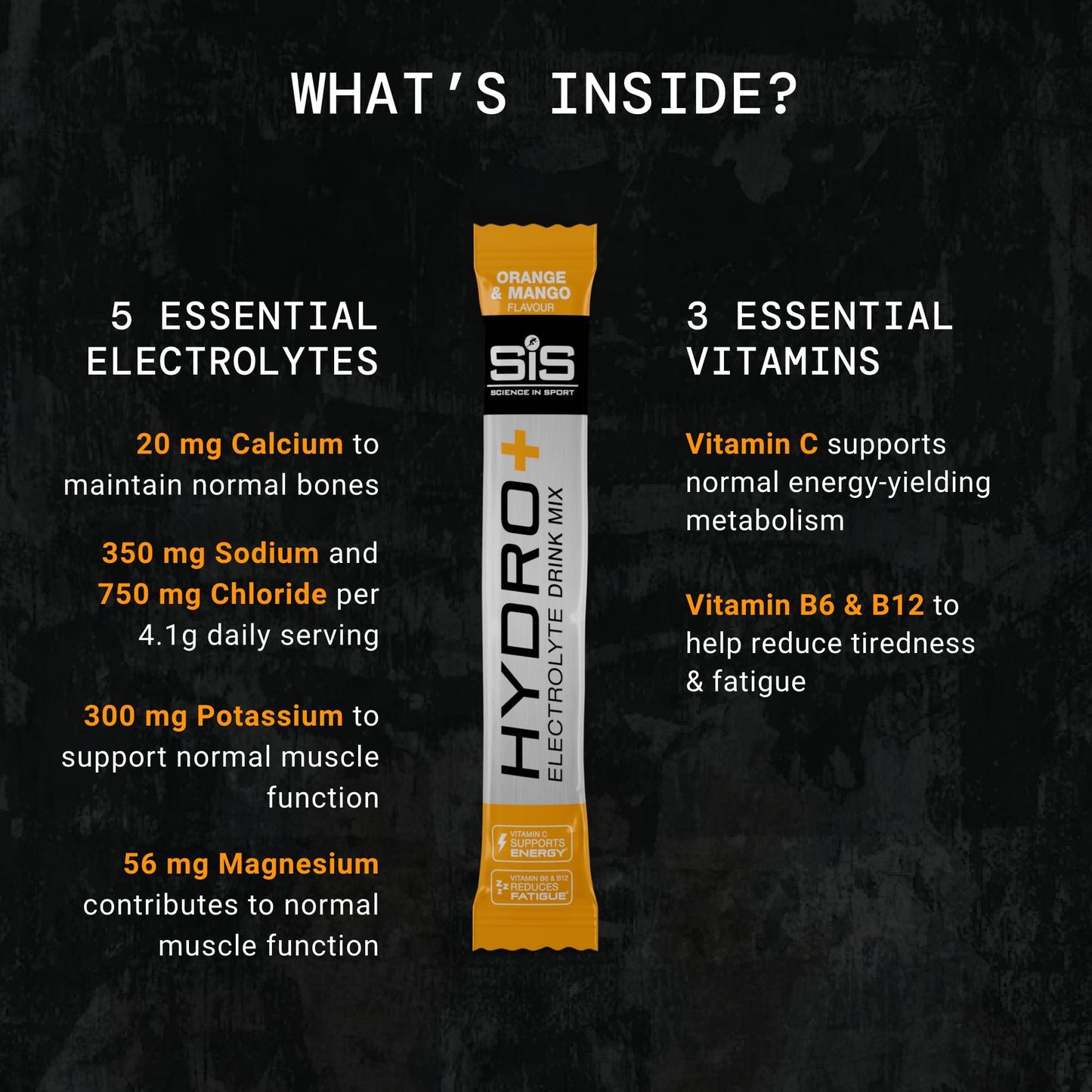 Science in Sport Hydro+ Electrolytes Powder Sachets with 5 Essential Electrolytes and Added Vitamins C, B6, and B12 for Hydration Drink | Orange Mango, Pack of 6 Sachets