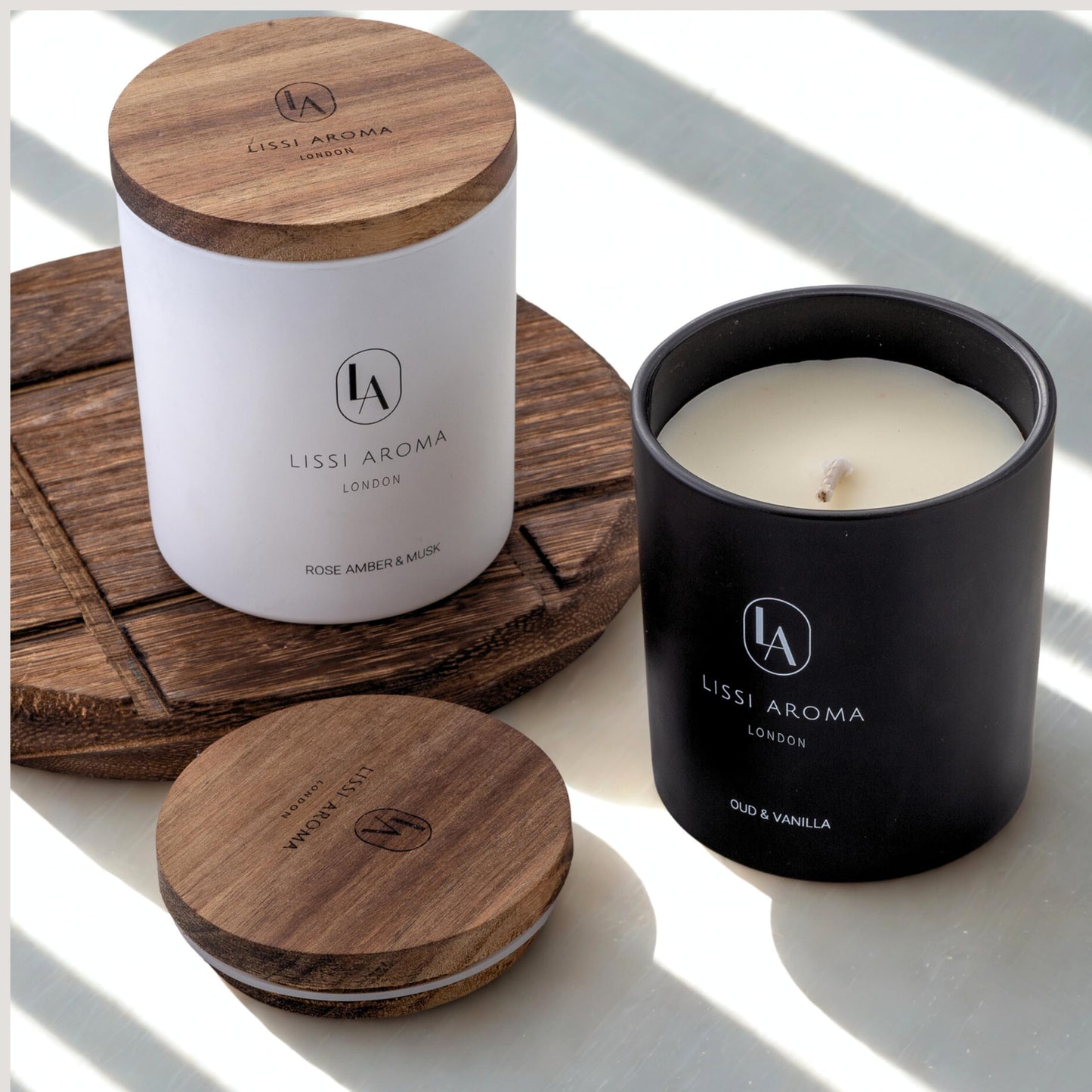 Lissi Aroma London, Premium Rose Amber & Musk Hand Poured Scented Candles, 220 g | 50Hour Burn, Highly Scented, Natural Soy Candles | Matte White jar with Natural Wooden lid
