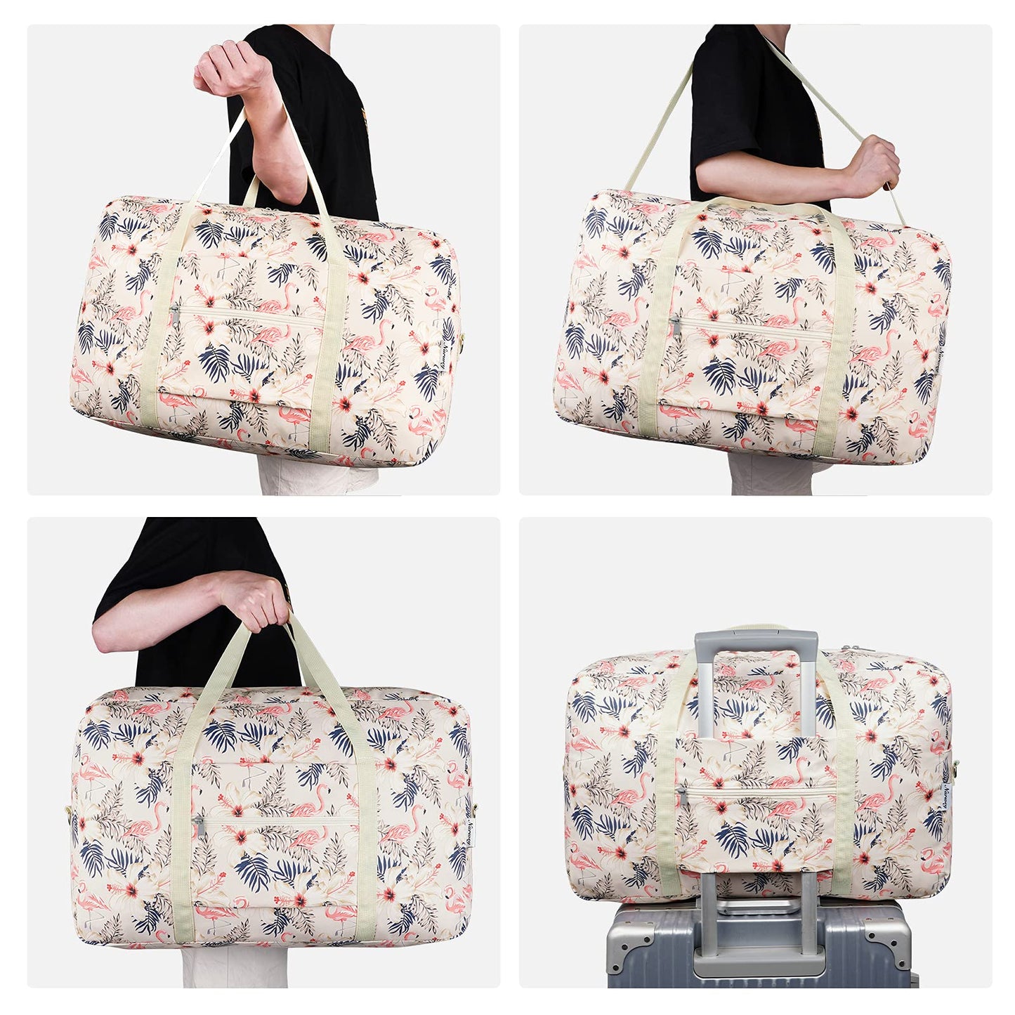 for Airlines Large Cabin Bag 56x45x25 Foldable Travel Duffel Bag Holdall Tote Carry on Luggage Overnight for Women and Men 40L (Beige Flamingo)