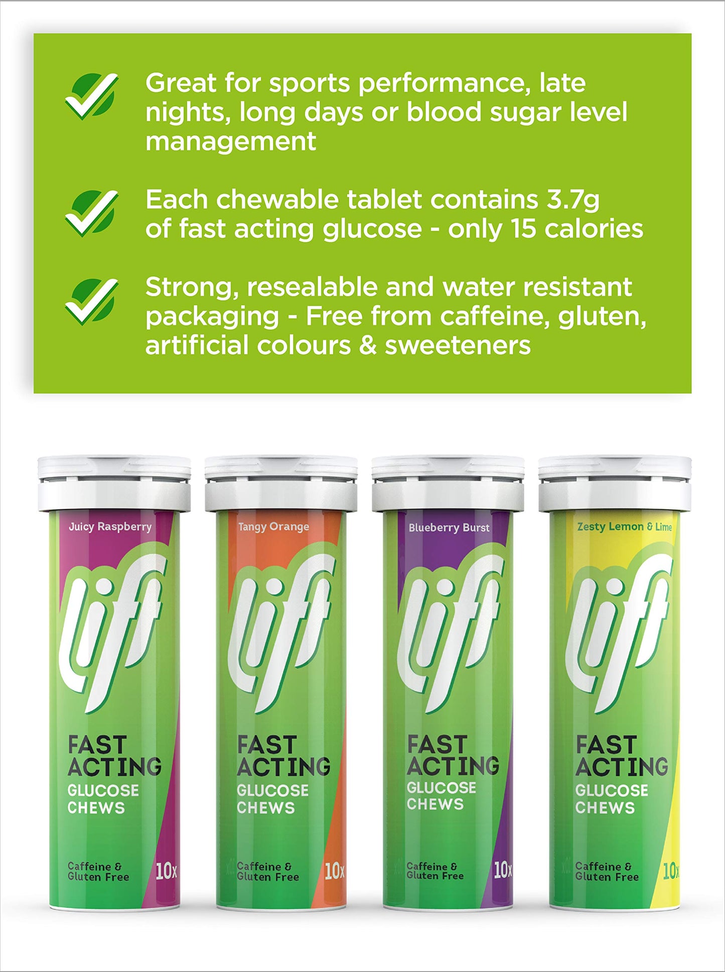 Lift Fast-Acting Glucose Chewable Energy Tablets, Raspberry, 12 Pack of 10-Tablet Tubes